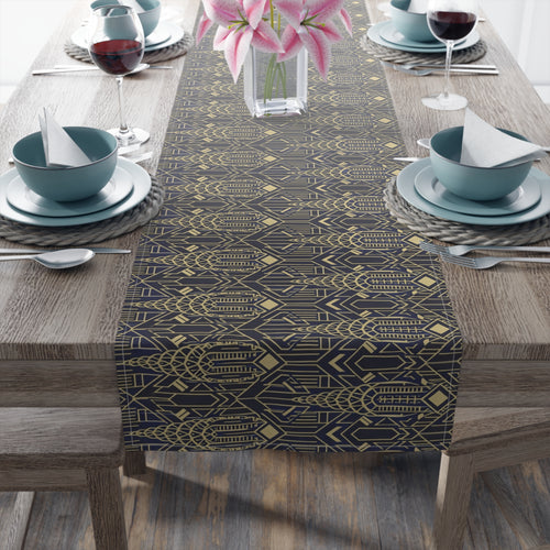 Art Deco Chrysler Building Navy & Gold Table Runner — NYC Elegant Geometric Tabletop Dining Decor