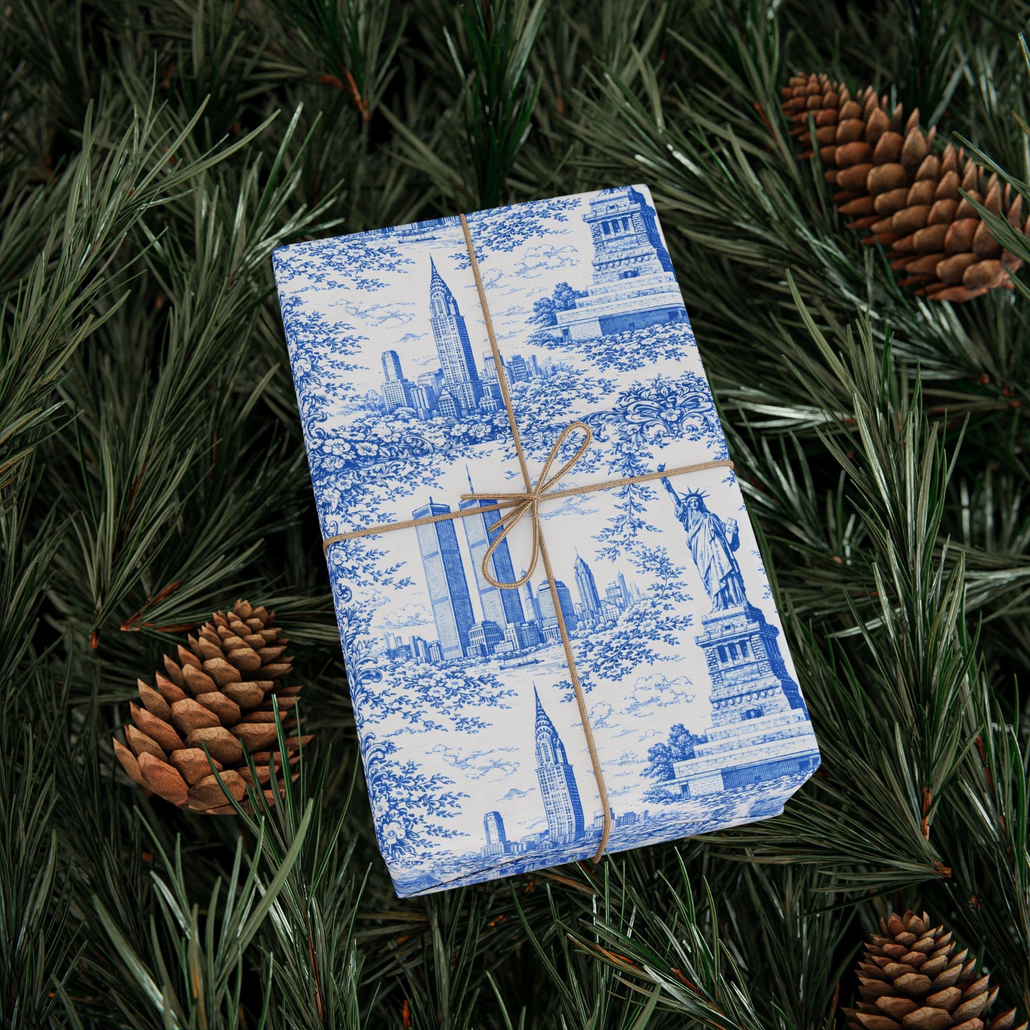 Manhattan NYC Blue Toile Gift Wrapping Papers   Chinoiserie New York City Gift Wrap Empire State Building Twin Towers Statue of Liberty