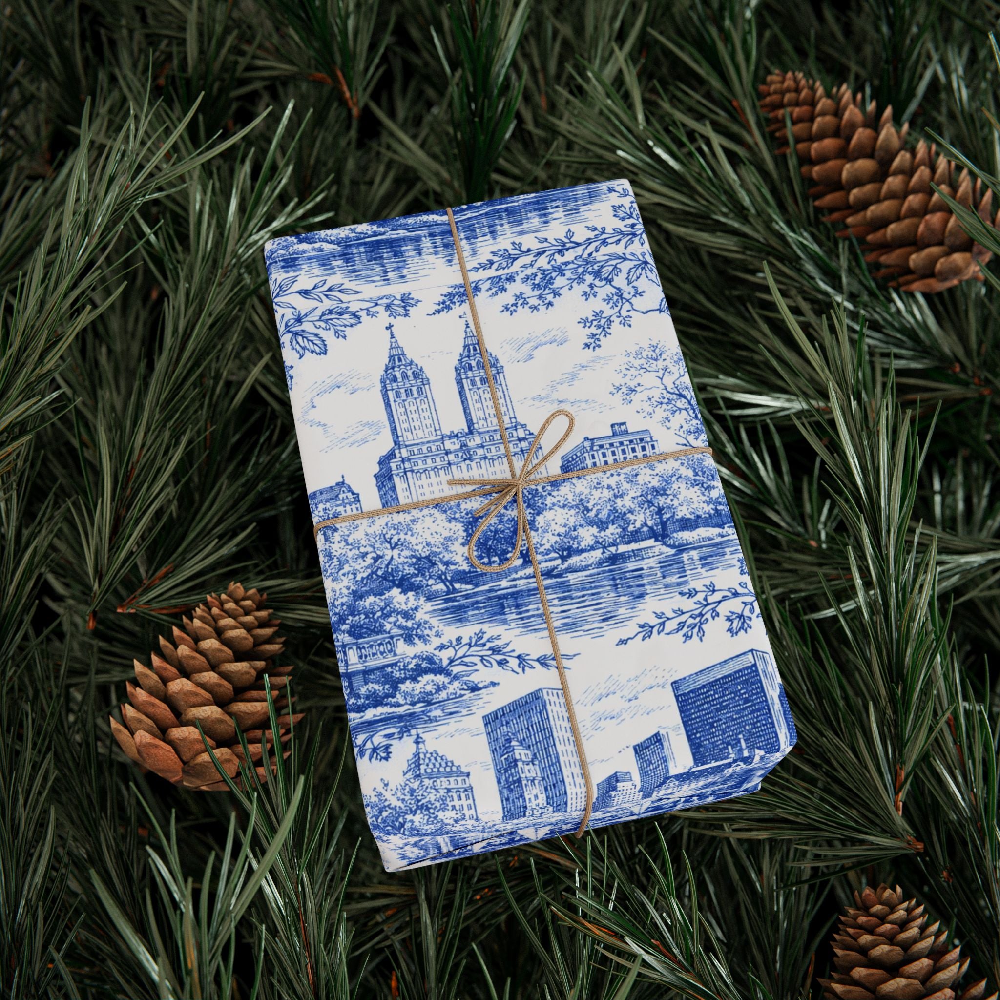 Central Park Blue Toile NYC Wrapping Paper | New York City Scenic Toile Pattern Roll
