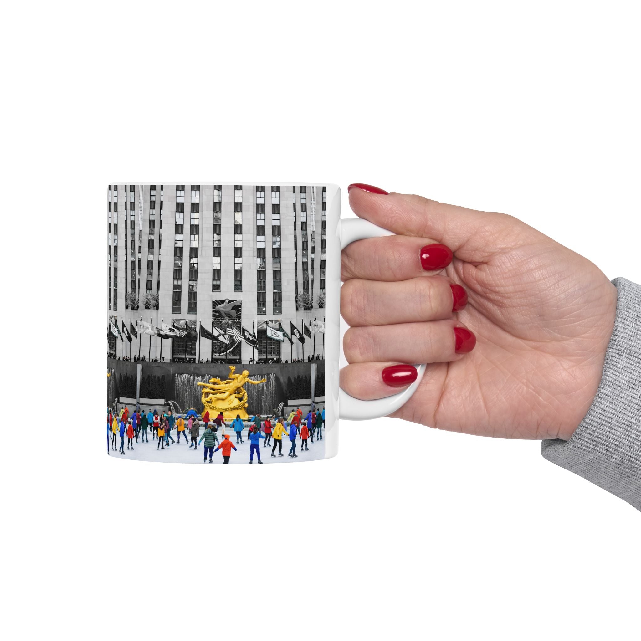 Rockefeller Center Ice Skating Scene Mug | NYC Gold Prometheus Ceramic Coffee Cup