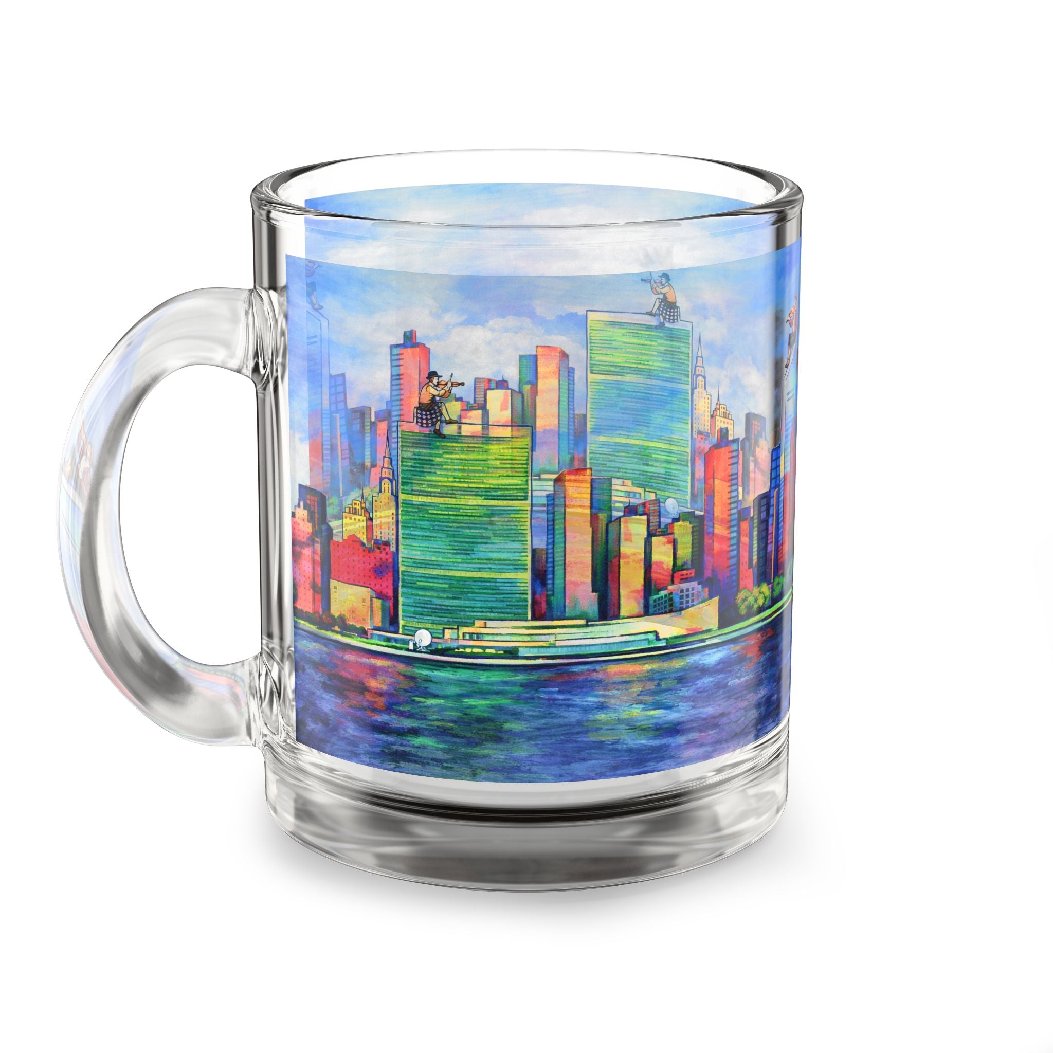 Fiddler on the Manhattan Roof Marc Chagall-inspired Glass Mug | 10oz NYC Manhattan Skyline Pattern