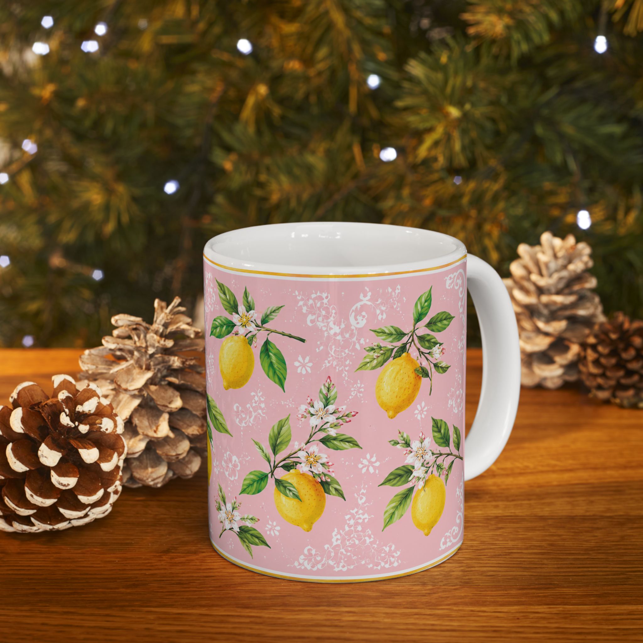 Little Italy Amalfi Pink with Lemon Mug 2 — Italian Mediterranean Pattern Coffee Cup (11oz)