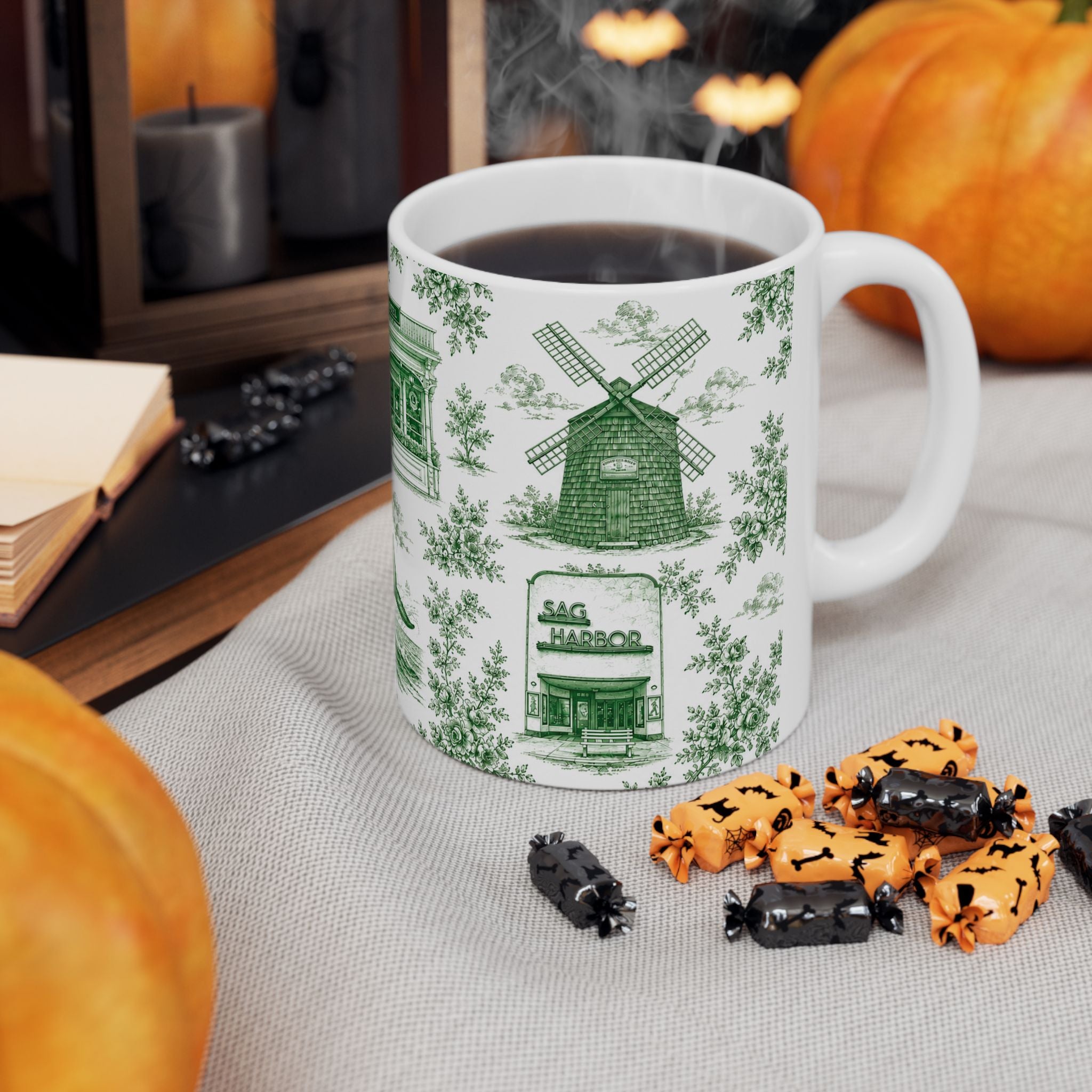 Sag Harbor Green Toile de Jouy Mug | Hamptons Chinoiserie Ceramic Coffee Cup