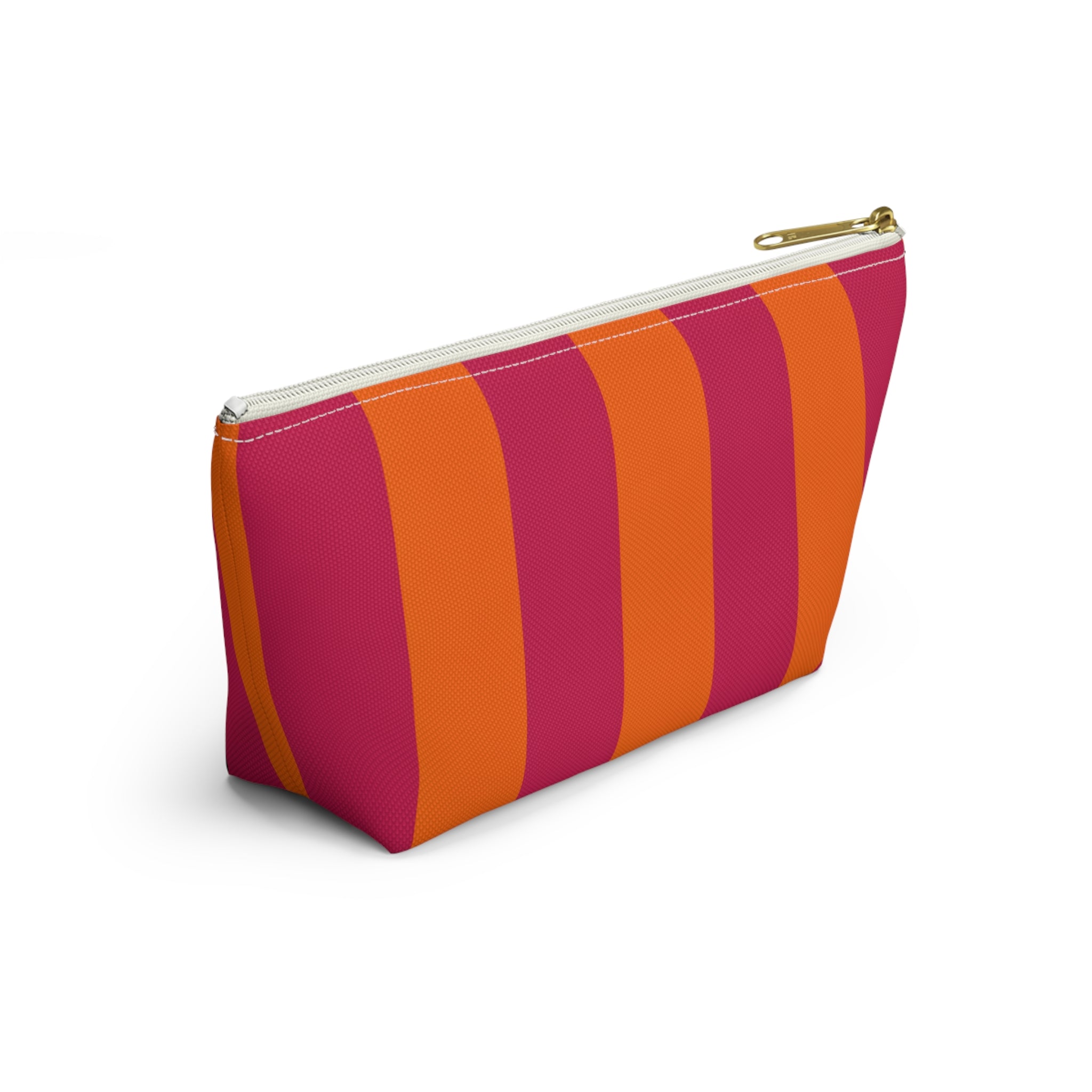 Customizable Striped Accessory Pouch — Pink & Orange T-Bottom Makeup Bag