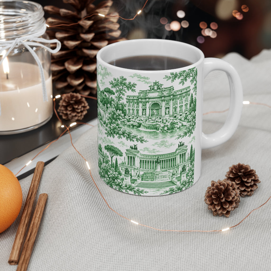 Rome Green Toile de Jouy Ceramic Mug —  (11oz; Ships from Europe)