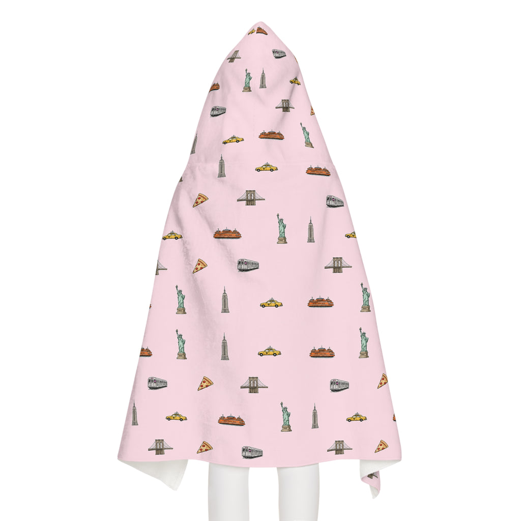 Icons of New York City Pink Hooded Kids Towel — Statue of Liberty, Pizza & Skyline Childrens Towel