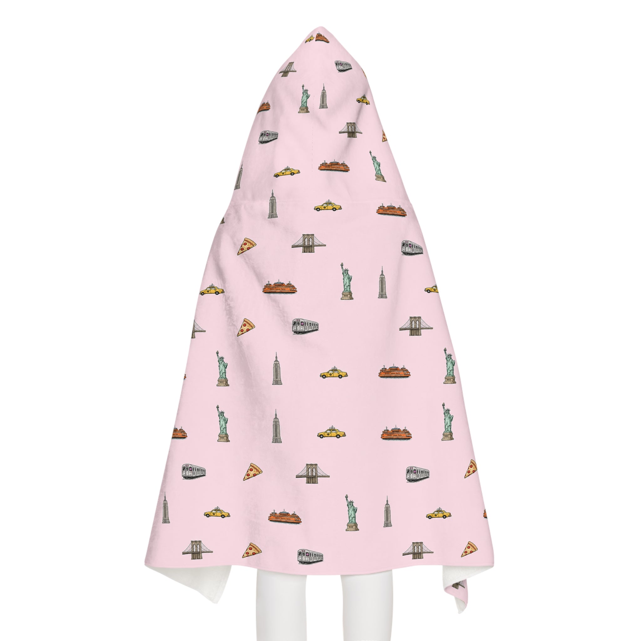 Icons of New York City Pink Hooded Kids Towel — Statue of Liberty, Pizza & Skyline Childrens Towel