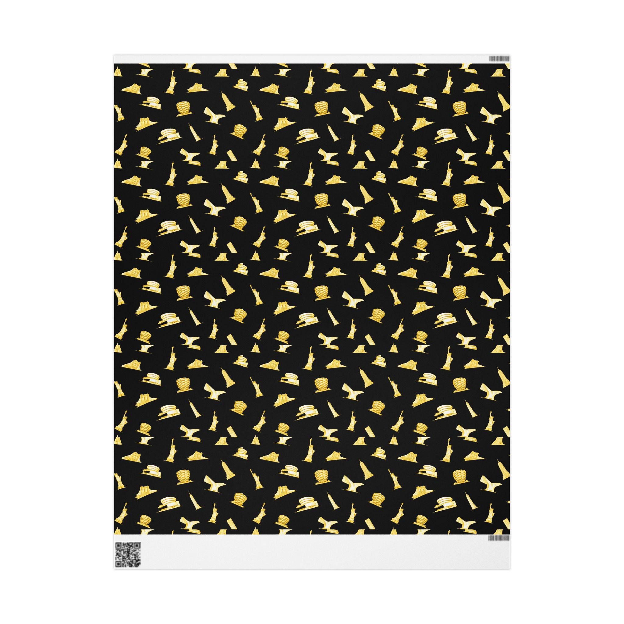 Gold NYC Landmarks on Black Gift Wrap Paper | New York Statue of Liberty Oculus Vessel Brooklyn Bridge Guggenheim Wrapping Paper Roll