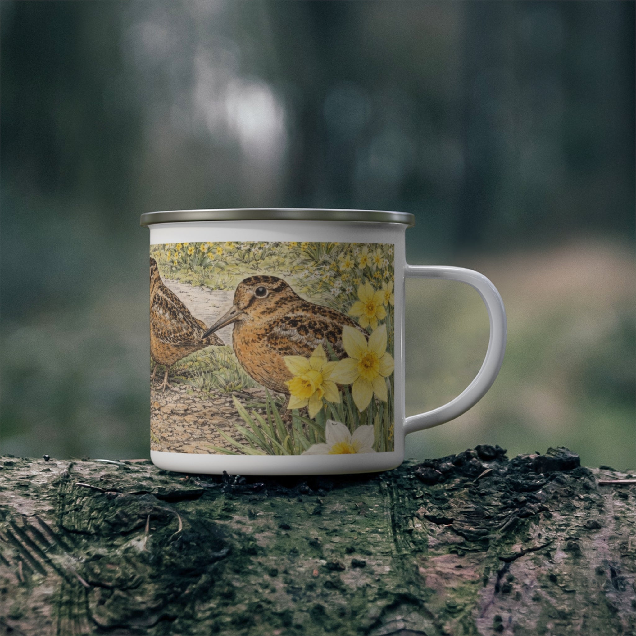 Bryant Park American Woodcock Springtime Enamel Camping Mug — Woodcock Bird Illustration, Rustic Outdoor Campgrounds Coffee Cup