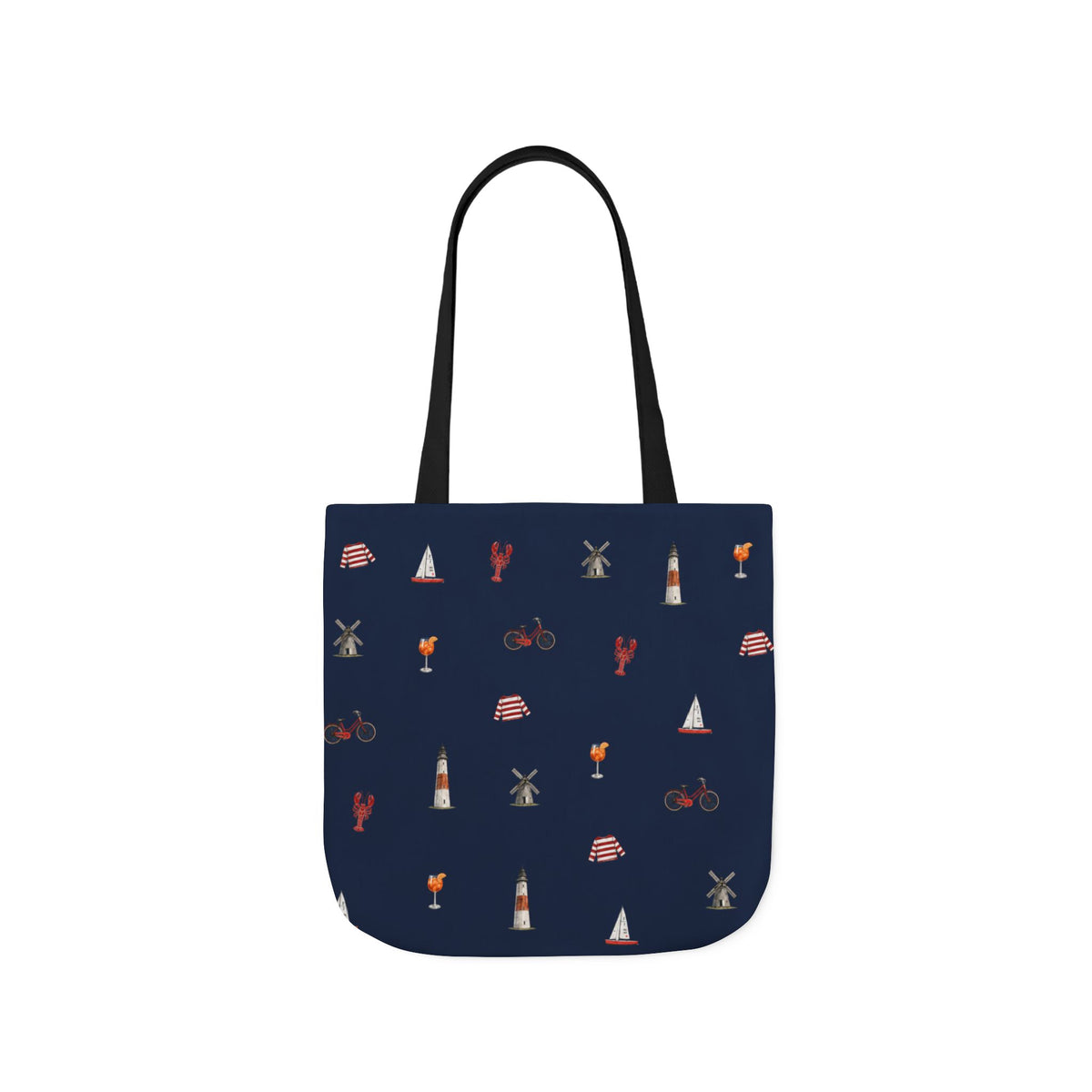 Icons of The Hamptons Blue Canvas Tote — Lighthouse, Windmill, Lobster, Sailboat print