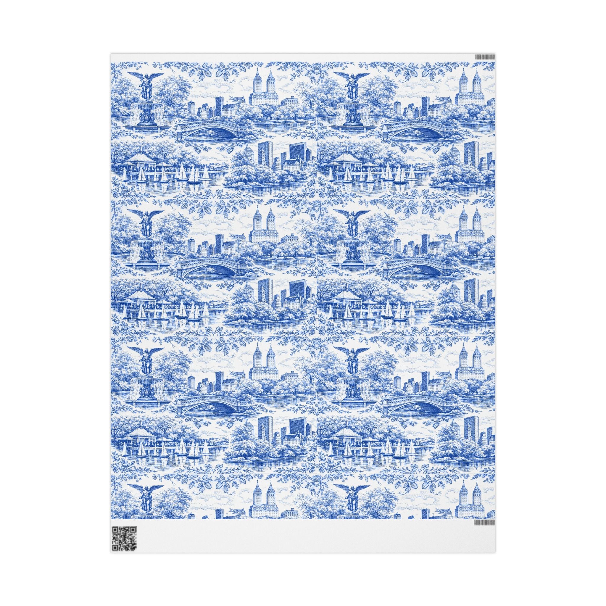 Central Park Blue Toile NYC Wrapping Paper | New York City Scenic Toile Pattern Roll