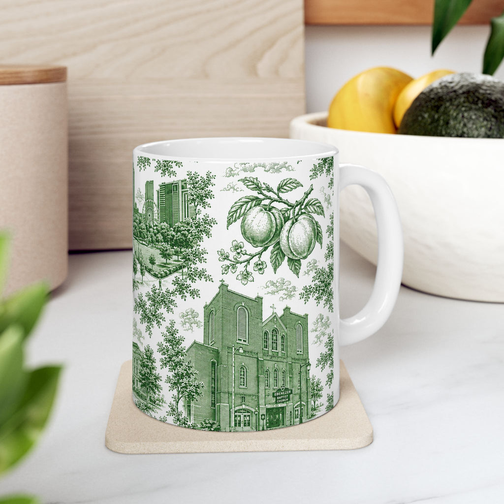 Atlanta Green Toile de Jouy Ceramic Mug — Atlanta, Georgia Skyline & Capitol Illustration (11oz)