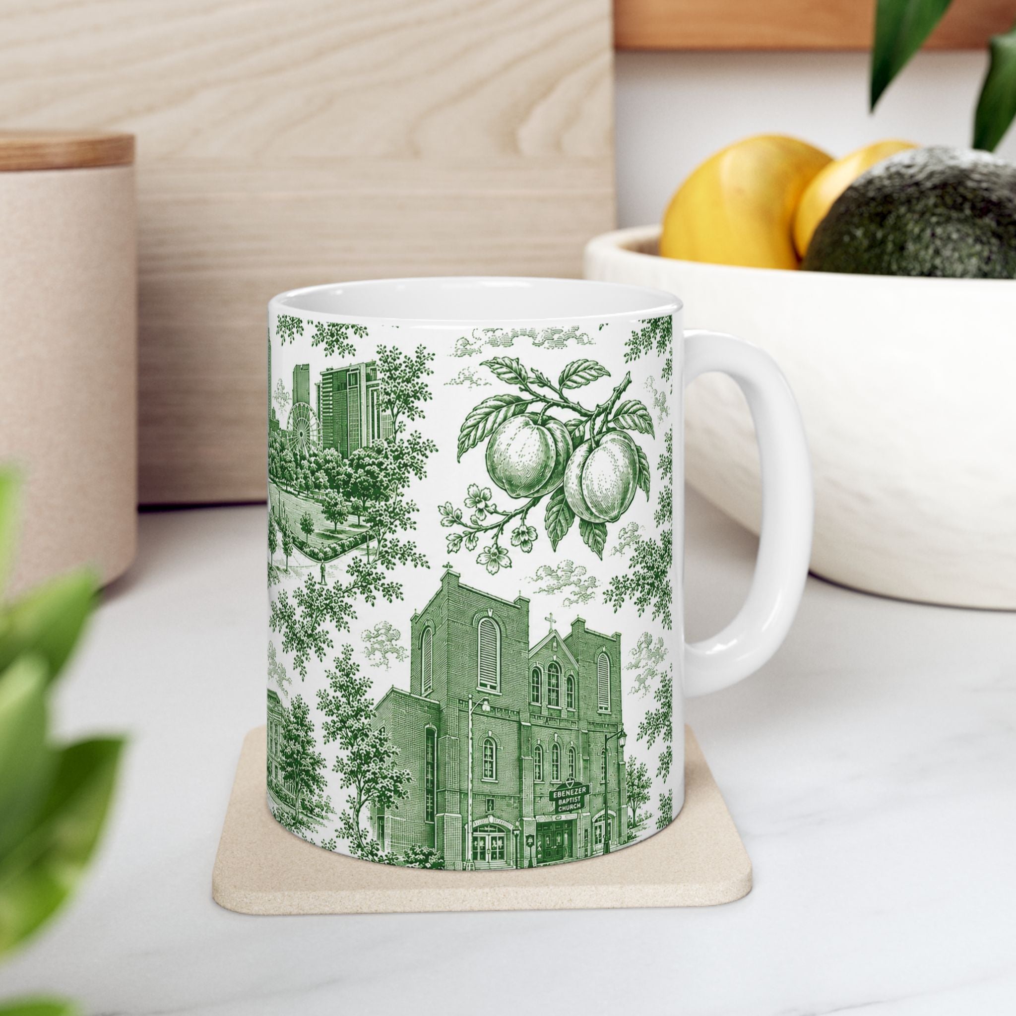 Atlanta Green Toile de Jouy Ceramic Mug — Atlanta, Georgia Skyline & Capitol Illustration (11oz)