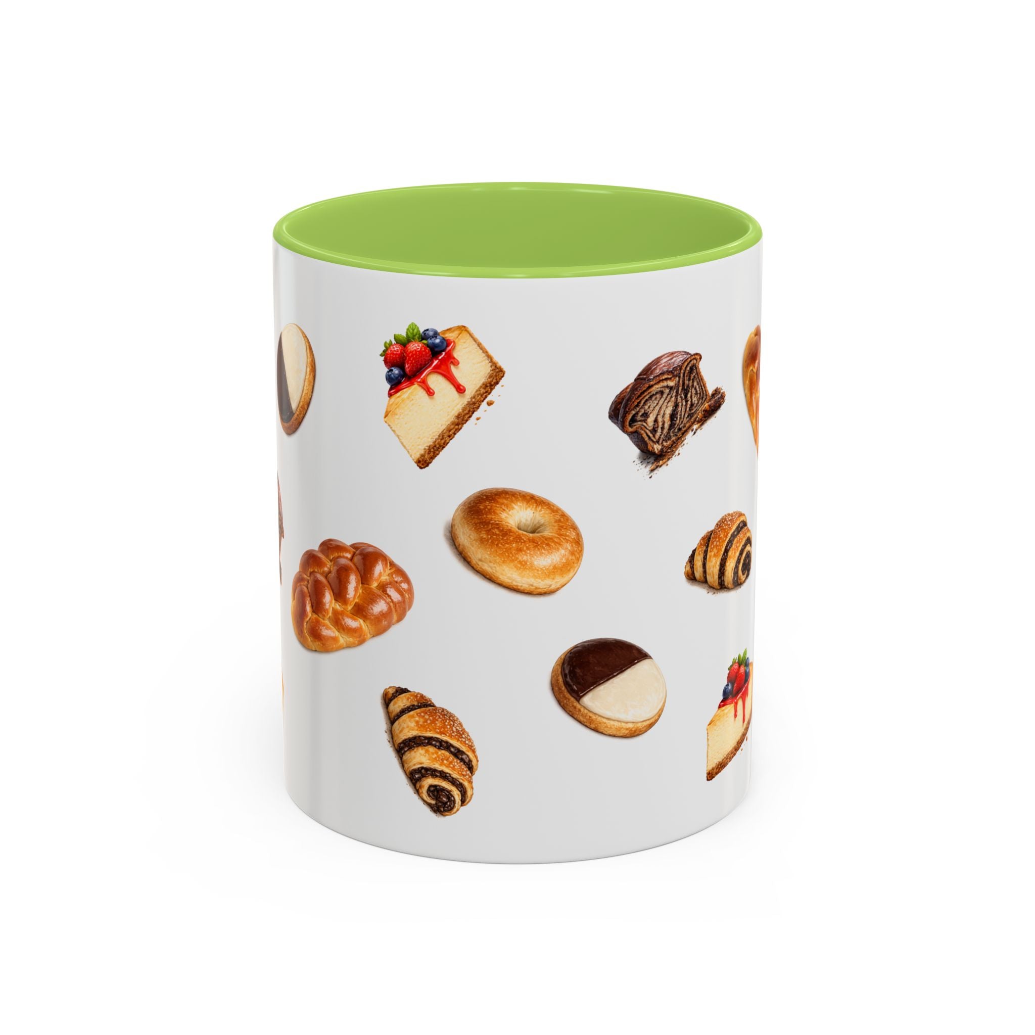 NYC Kosher Bakery Pattern Accent Mug | Babka Cheesecake Rugelach Black + White Cookie Challah Bagel 11oz Ceramic Coffee Cup