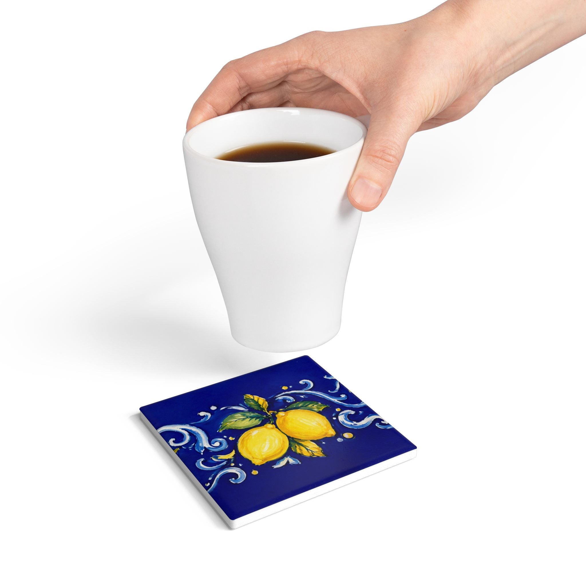 Little Italy Amalfi Blue with Lemon Ceramic Coaster — Mediterranean Lemon Pattern Drink Coaster