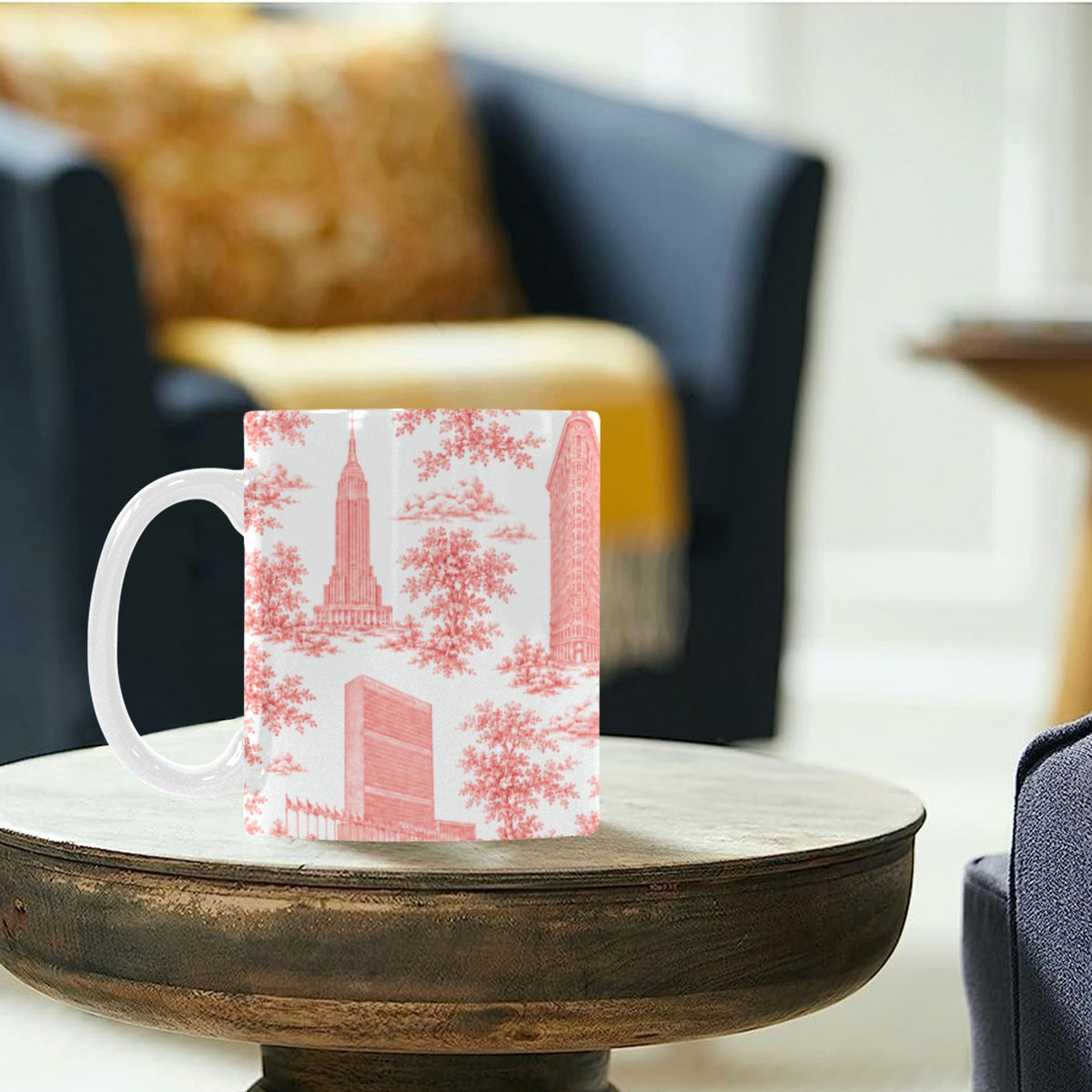 Manhattan Red Toile de Jouy Mug with One World Trade | New York City Chinoiserie Ceramic Mug Custom White Mug (11oz)