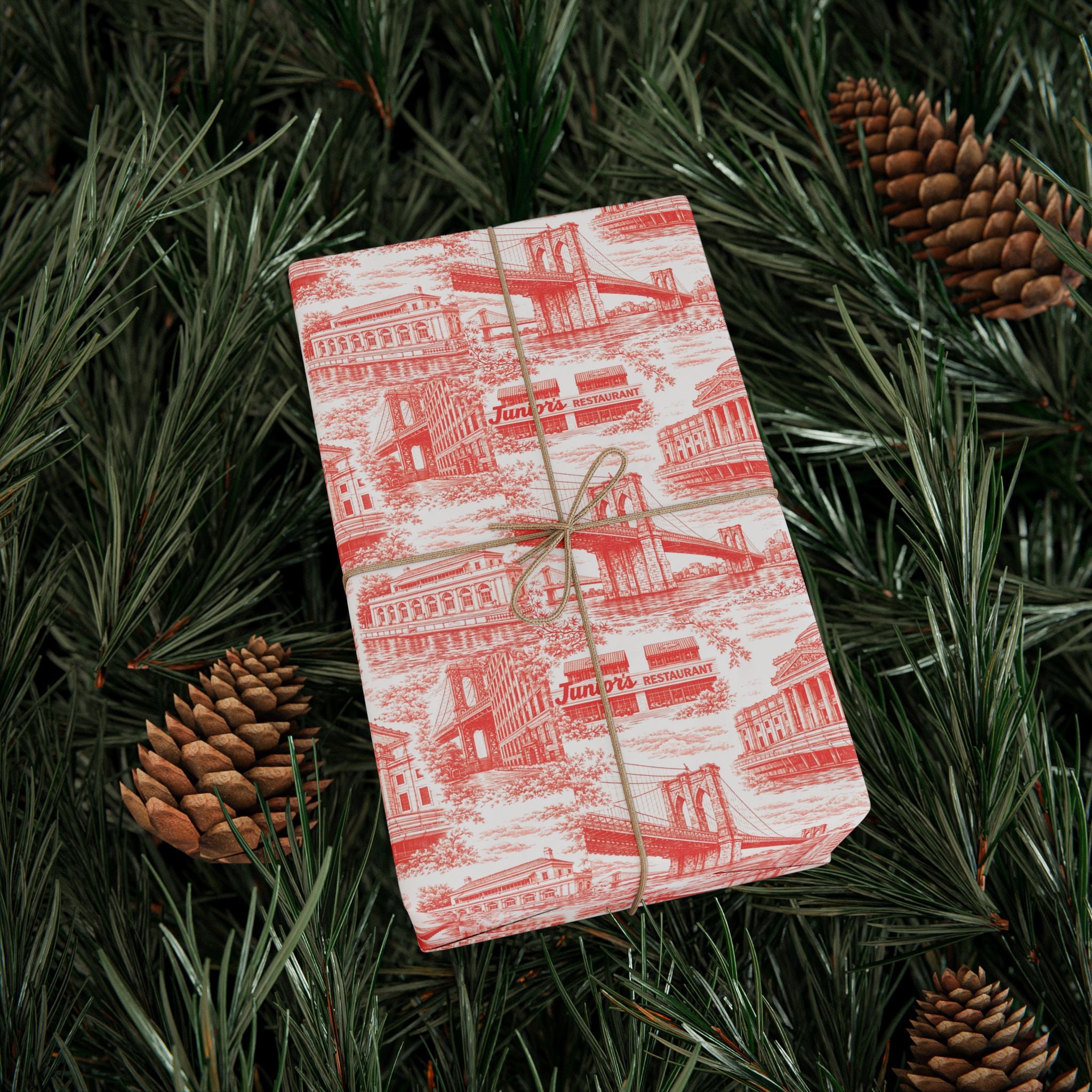 Brooklyn NYC Red Toile Gift Wrapping Papers   Chinoiserie New York City Gift Wrap Brooklyn Bridge Prospect Park Junior's DUMBO Museum