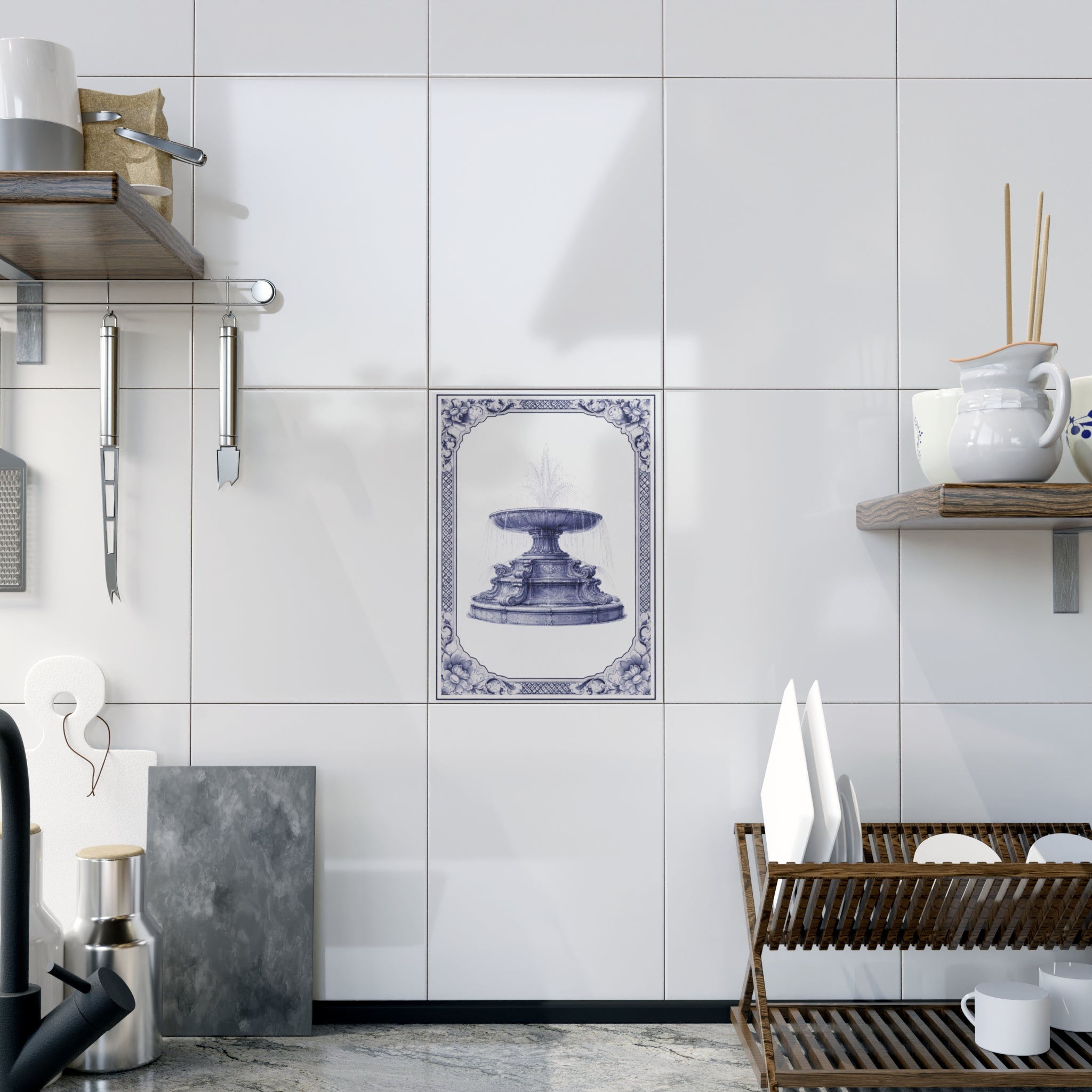 Bryant Park Josephine Shaw Lowell Fountain Blue and White Azulejos-style Ceramic Shower Tile 6" x 8"