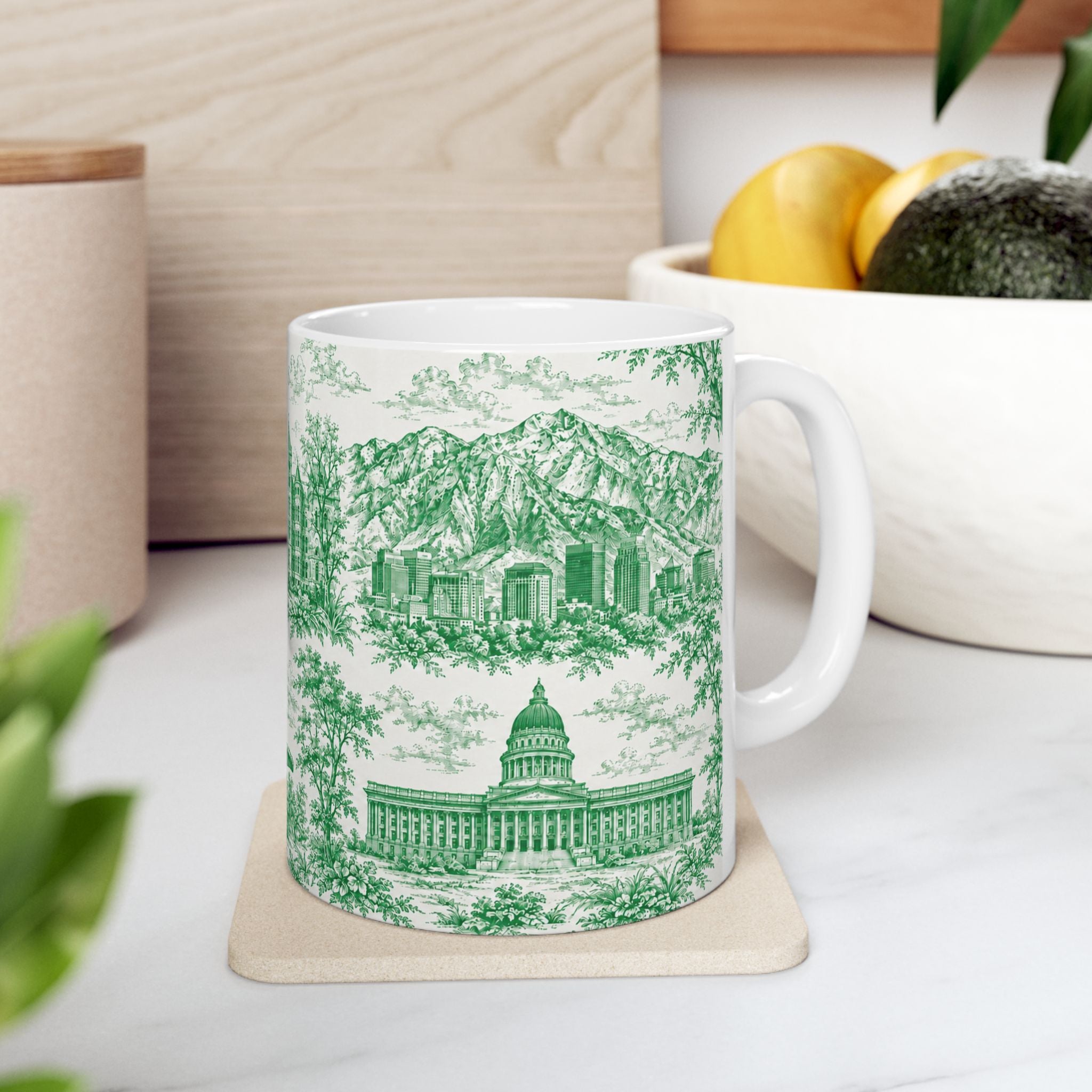 Salt Lake City Green Toile de Jouy Mug —  Ceramic Coffee Cup (11oz)