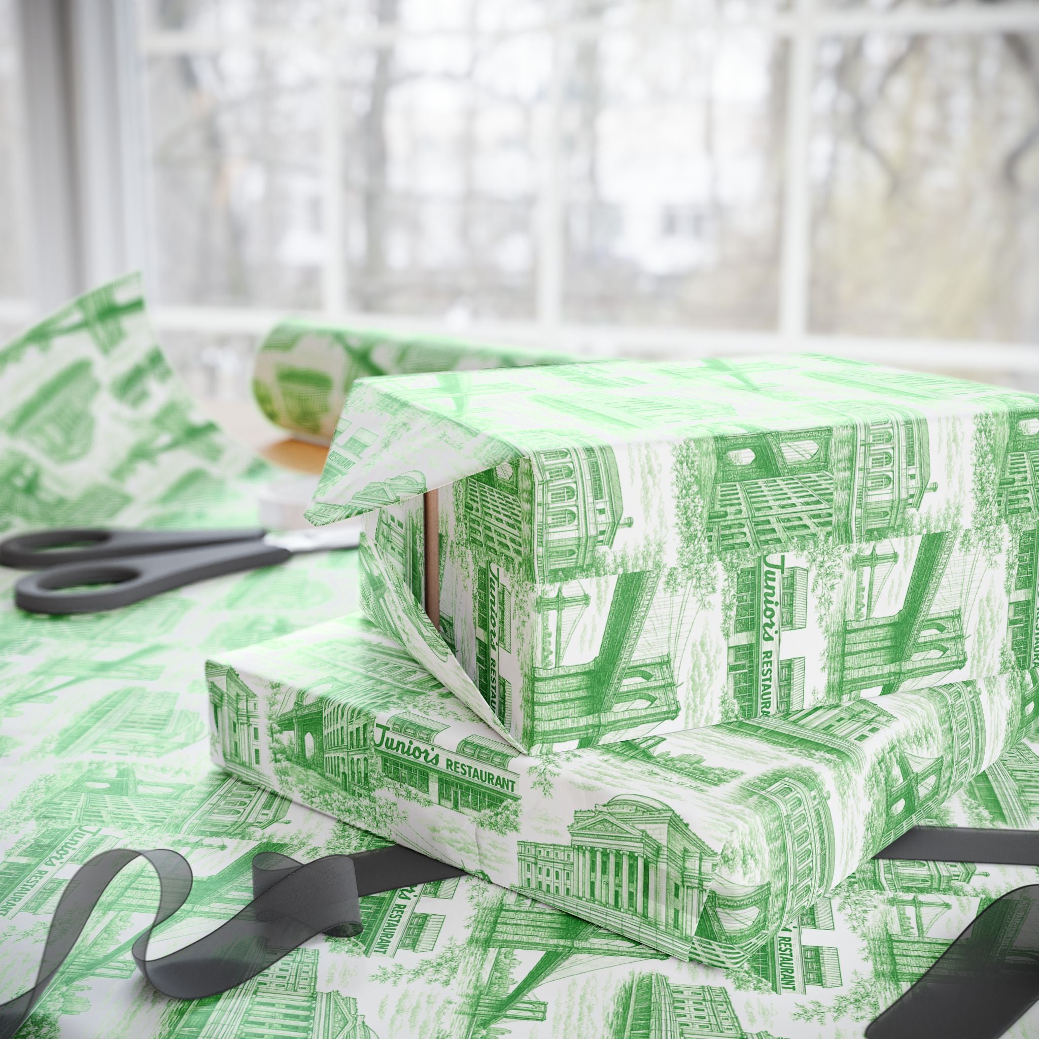 Brooklyn NYC Green Toile Gift Wrapping Papers   Chinoiserie New York City Gift Wrap Brooklyn Bridge Prospect Park Junior's DUMBO Museum