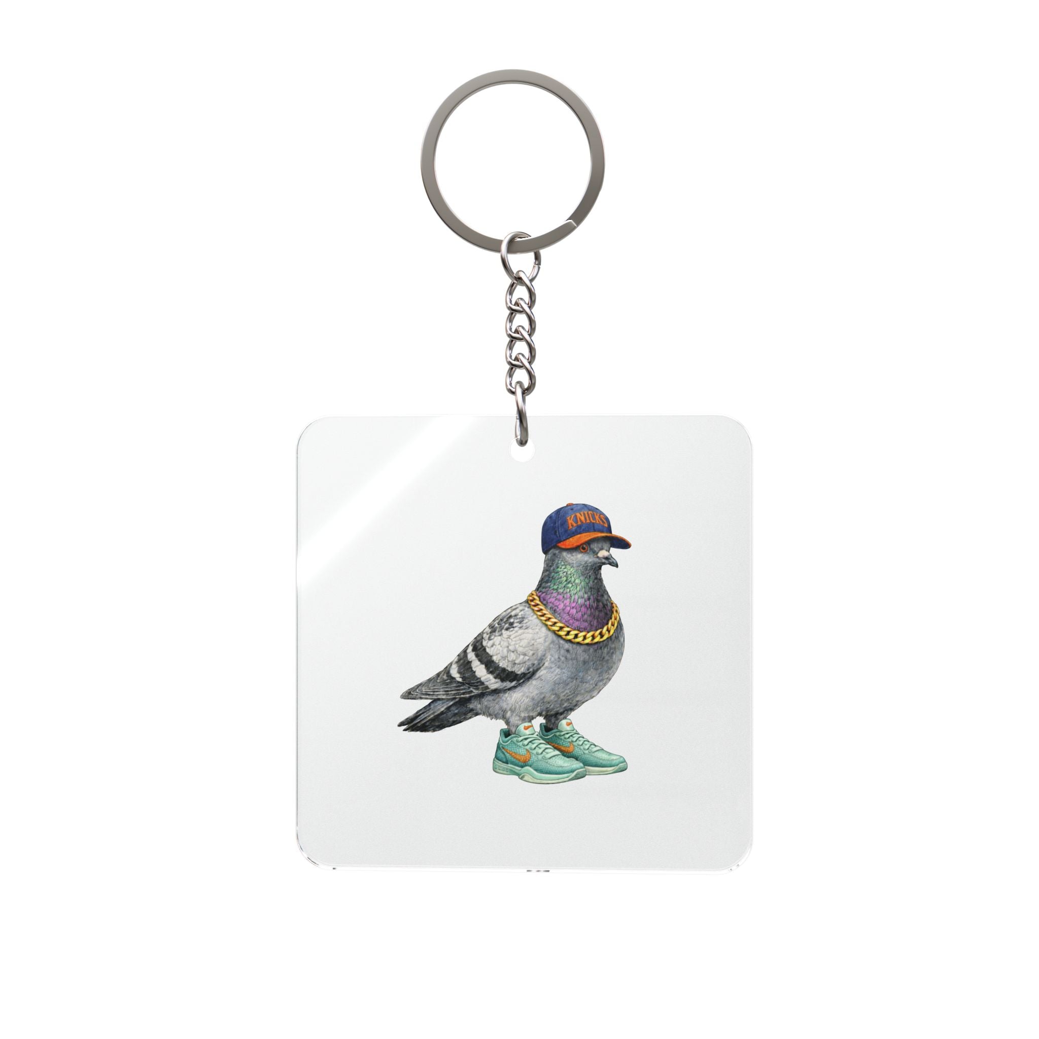 Customizable Manhattan NYC Pigeon Square Keychain | New York Knicks Basketball Fan Bird Lovers Keyring Gift