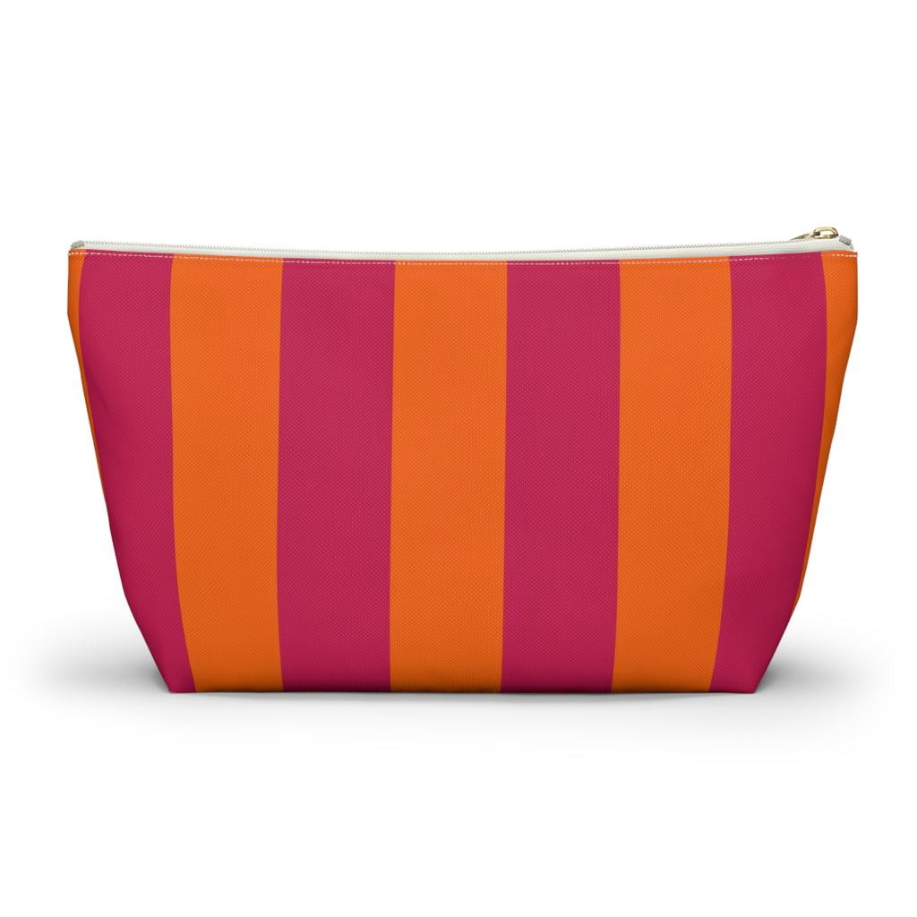 Customizable Striped Accessory Pouch — Pink & Orange T-Bottom Makeup Bag