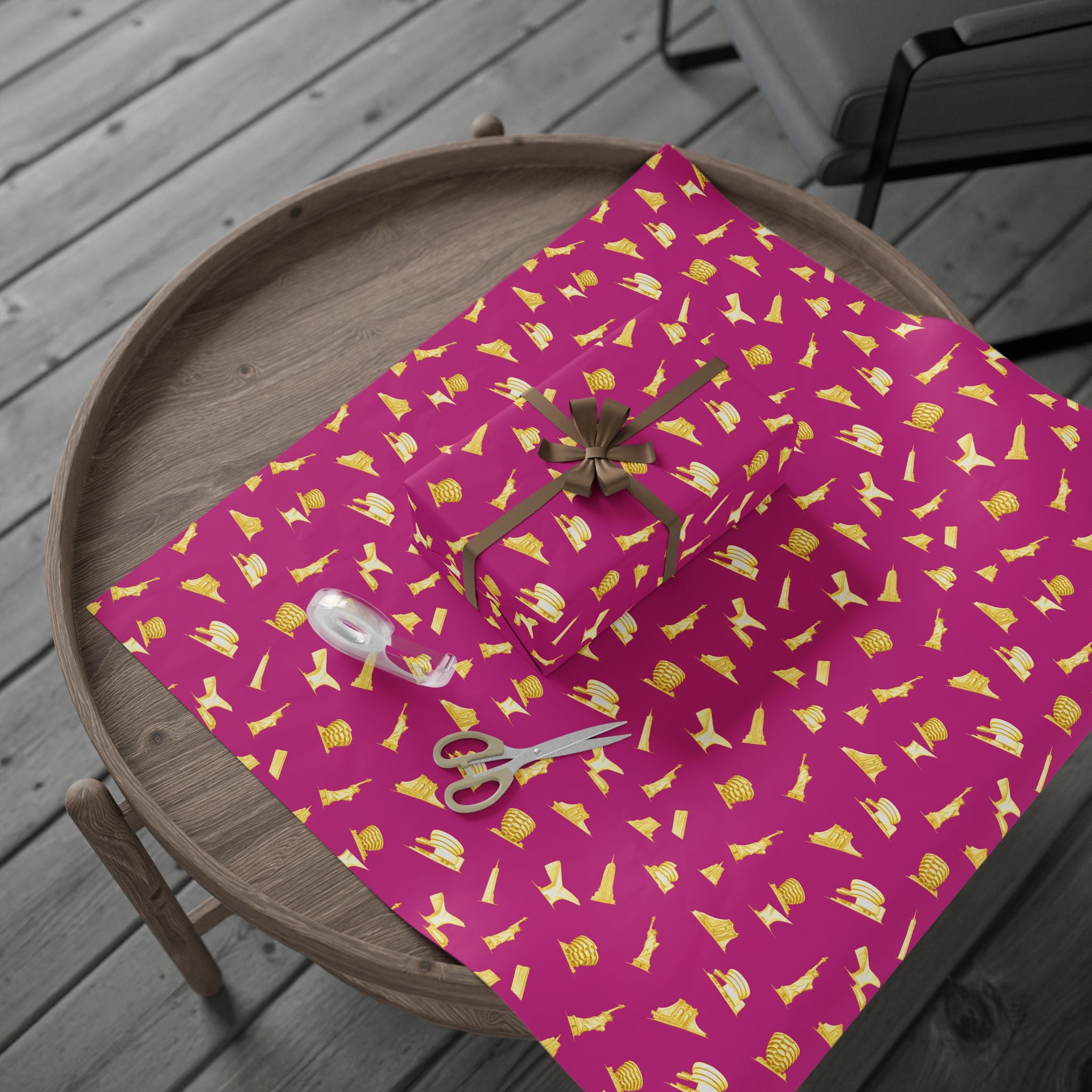Gold NYC Landmarks on Pink Gift Wrap Paper | New York Statue of Liberty Oculus Vessel Brooklyn Bridge Guggenheim Wrapping Paper Roll