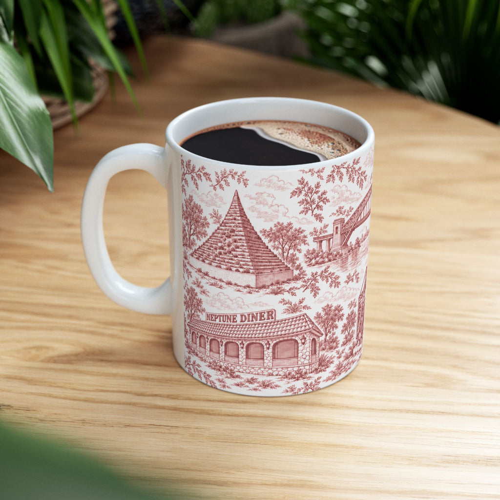 Astoria Red Toile Cityscape Ceramic Mug — 11oz Decorative Coffee Cup