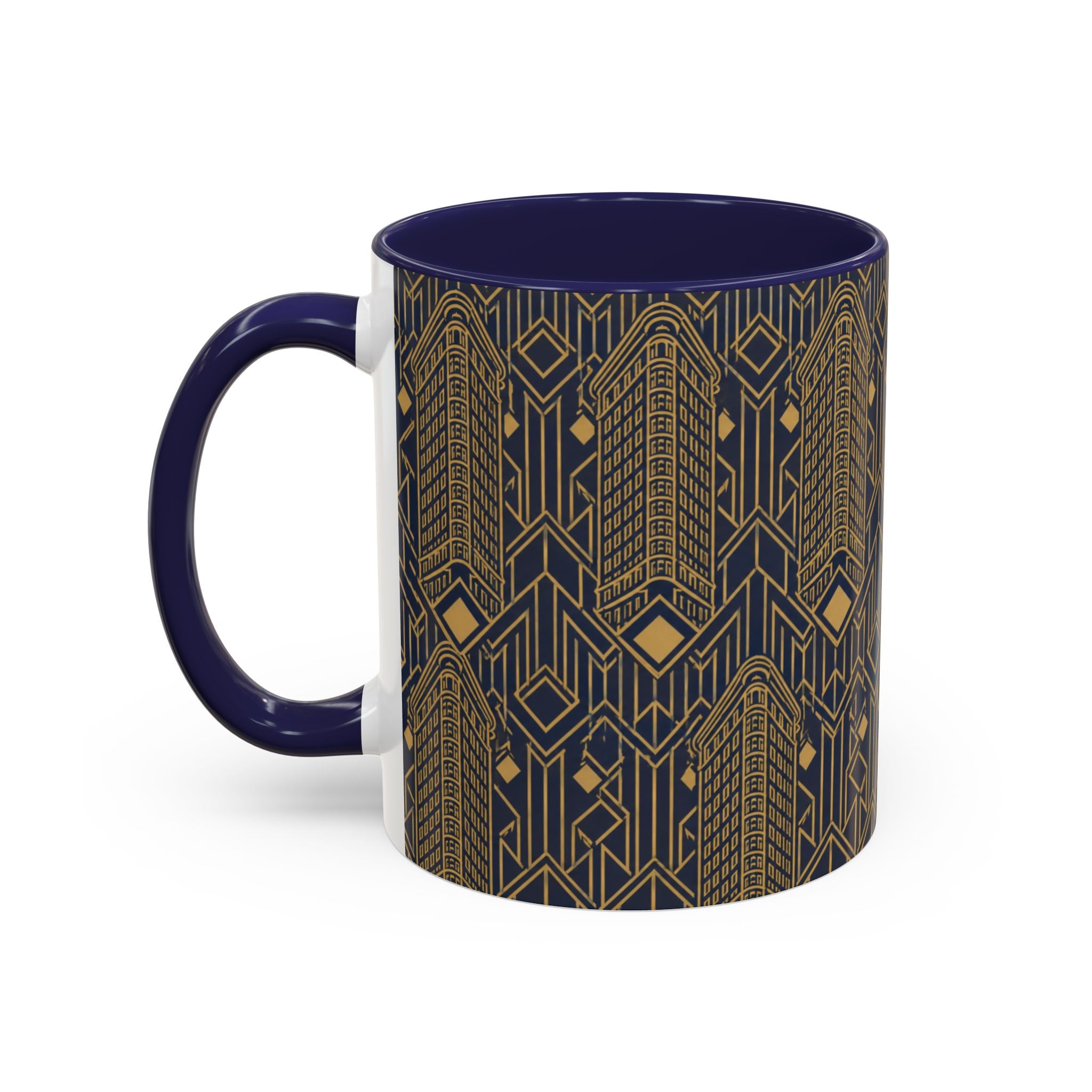 Art Deco Flatiron Building Navy & Gold Accent Coffee Mug — Manhattan Art Deco Pattern 11 oz