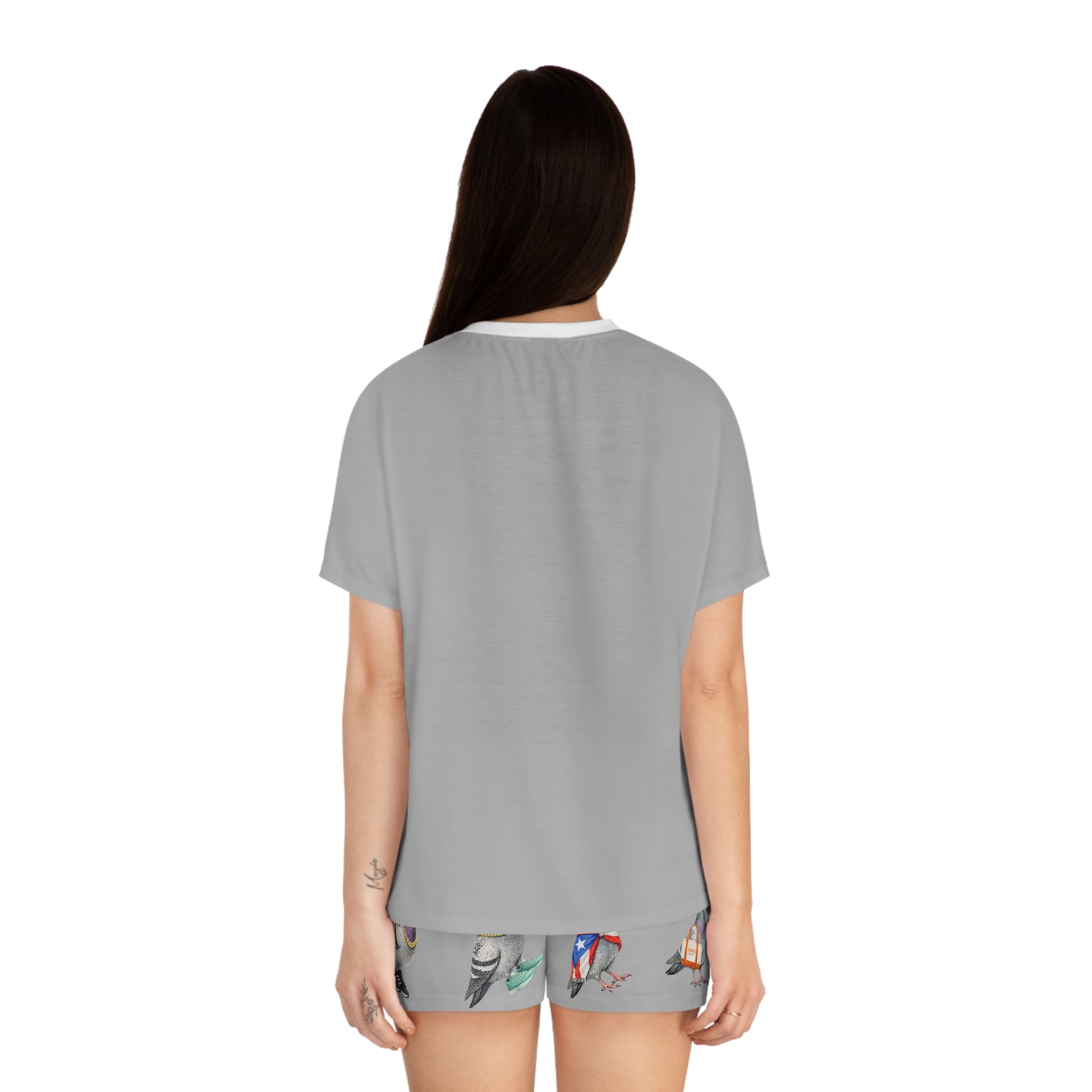 Gray NYC Pigeons Pattern Short Pajama Set | New York City Bird Lovers PJs Cozy Sleepwear