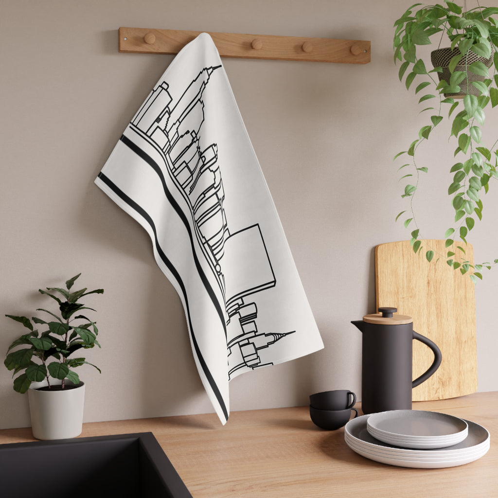 NYC Manhattan Skyline Tea Towel — Minimal Black & White New York City Skyline Kitchen Linen