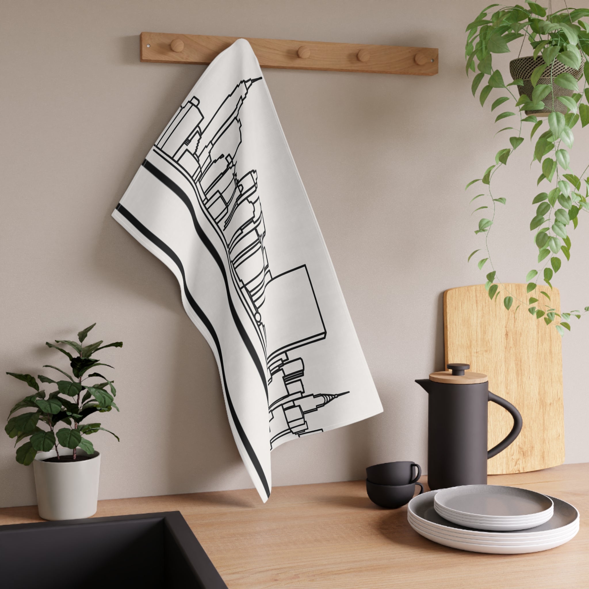 NYC Manhattan Skyline Tea Towel — Minimal Black & White New York City Skyline Kitchen Linen