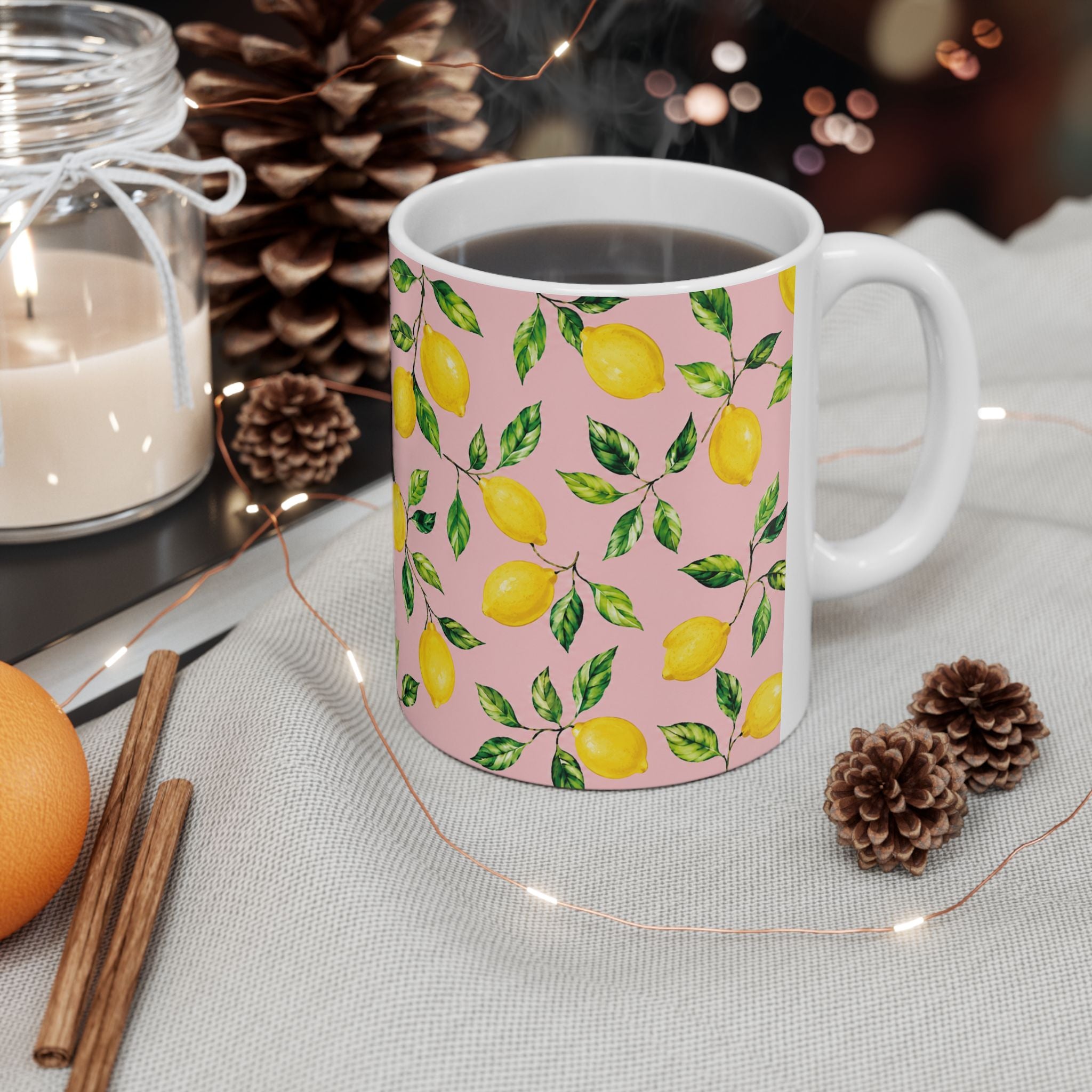 Little Italy Amalfi Pink with Lemon Mug 4— Italian Mediterranean Pattern Coffee Cup (11oz)