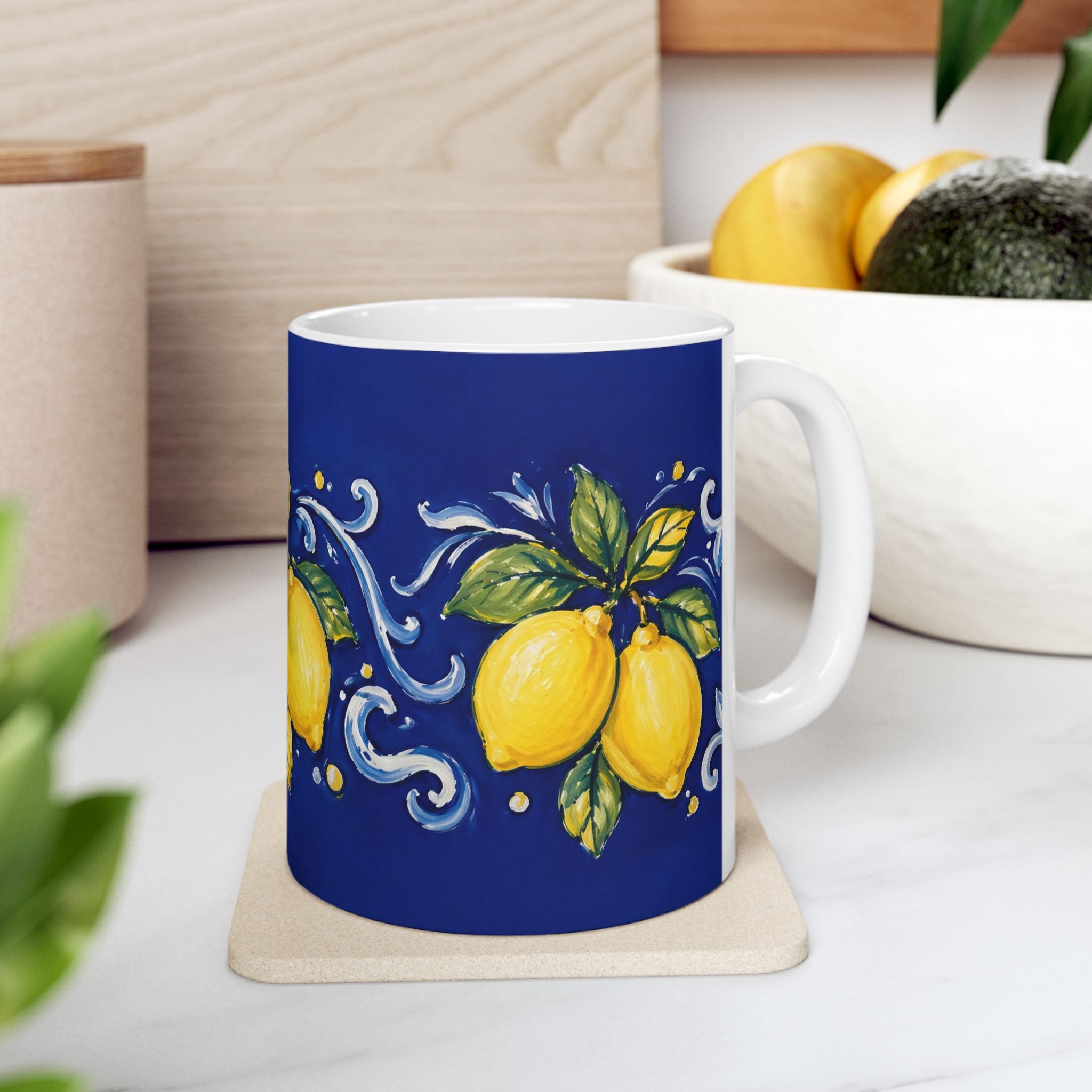 Little Italy Amalfi Blue with Lemon Mug — Italian Mediterranean Pattern Coffee Cup (11oz)