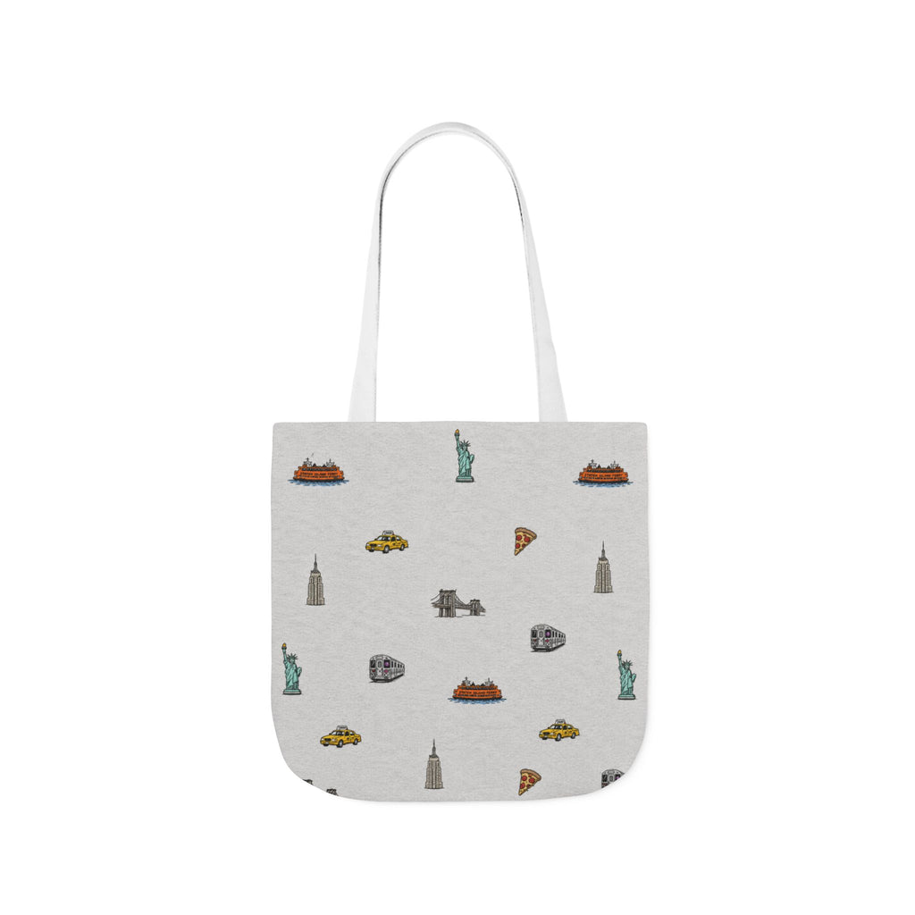 Icons of New York Heather Gray Canvas Tote — Statue of Liberty, Pizza & Taxi Pattern