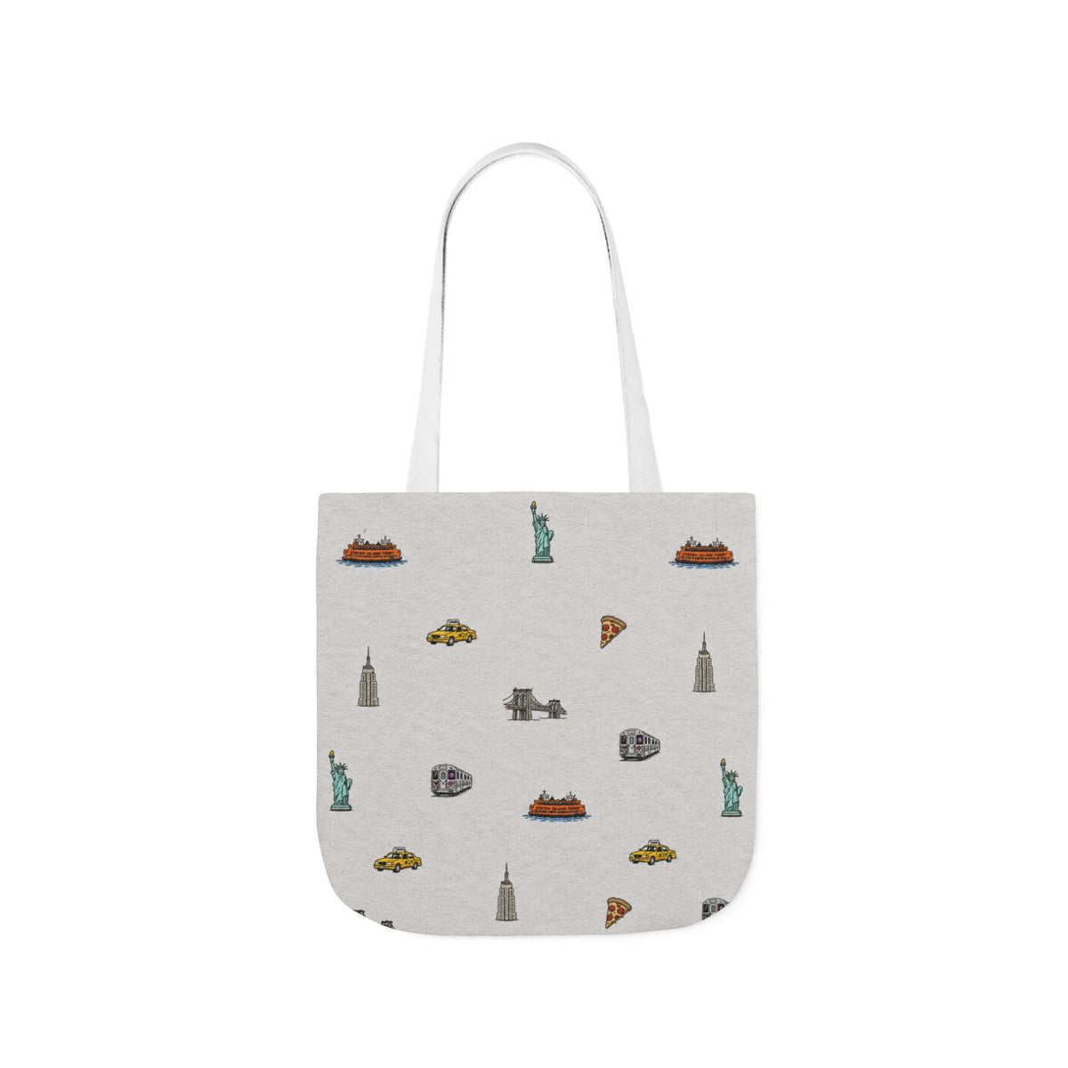Icons of New York Heather Gray Canvas Tote — Statue of Liberty, Pizza & Taxi Pattern