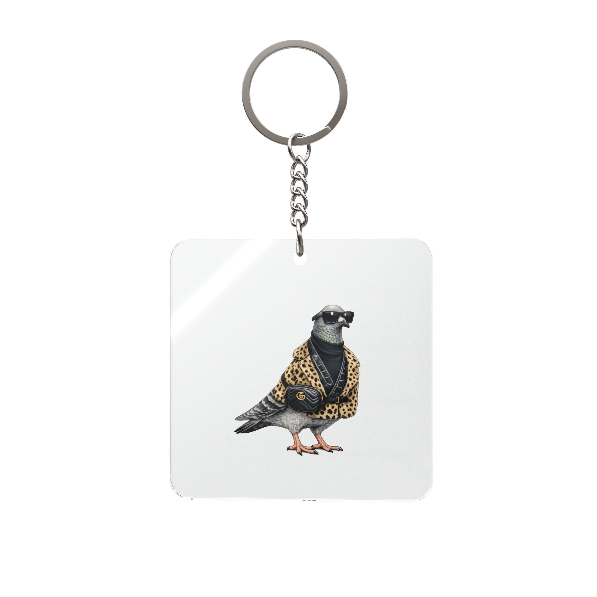 Customizable Staten Island NYC Pigeon Square Keychain |  Chic Leopard Print Bird Lovers Keyring Gift