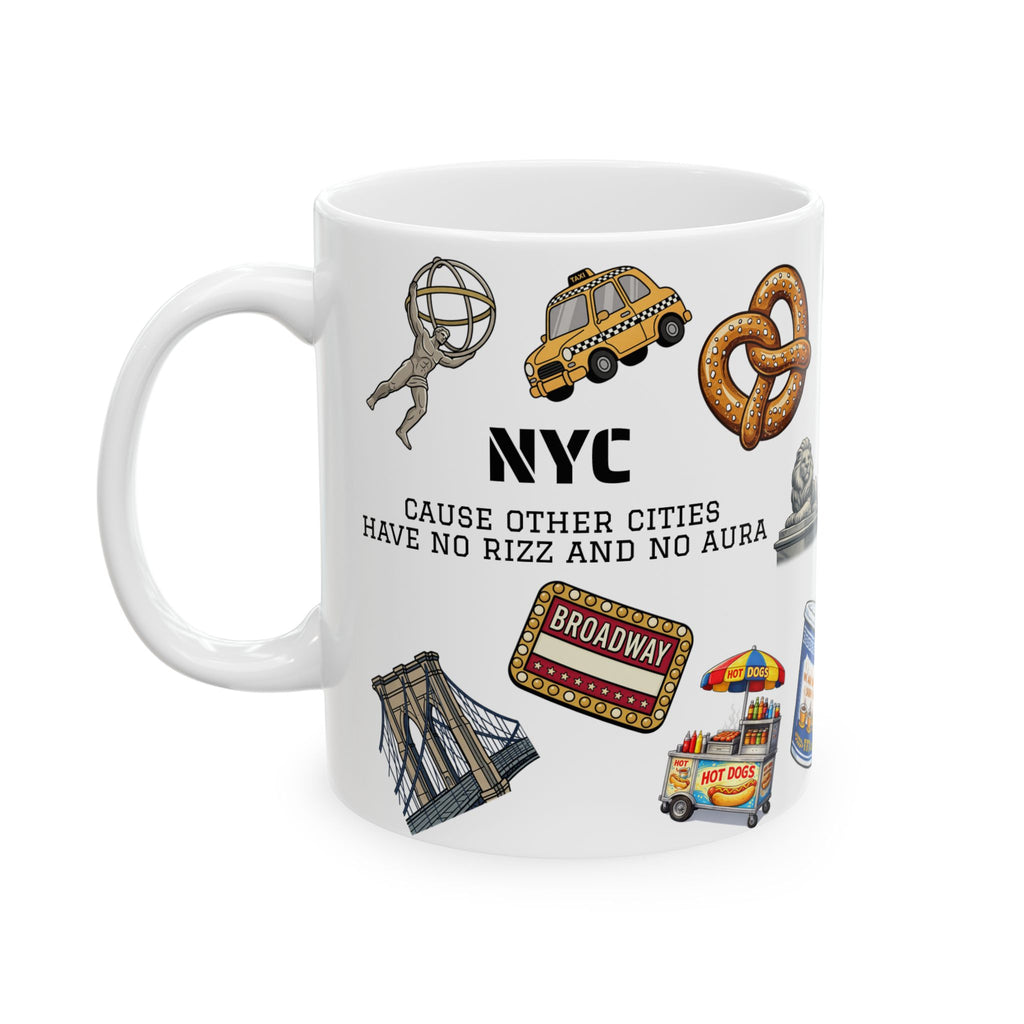 NYC Icons Rizz and Aura Mug | New York City Landmark Collage Ceramic Coffee Tea Mug