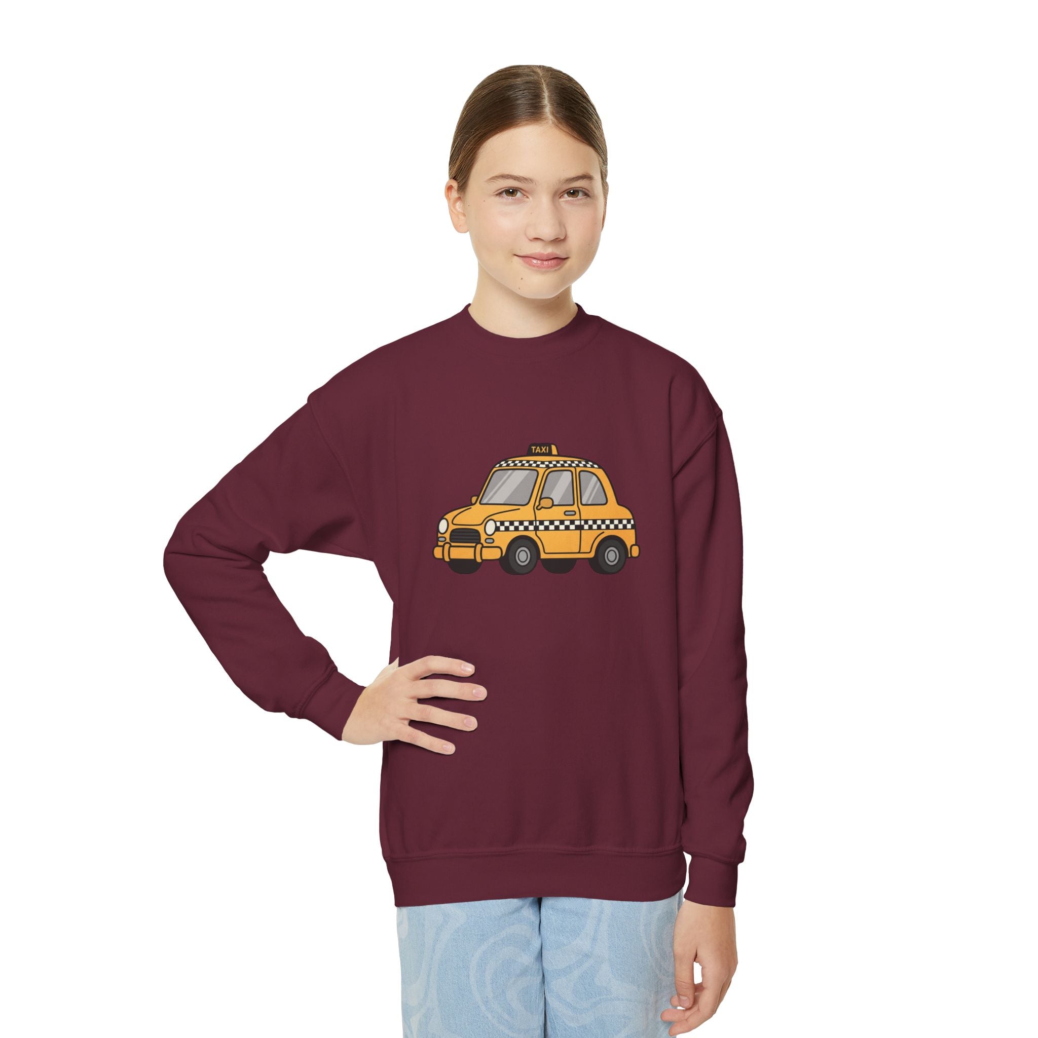 Sudadera infantil con cuello redondo Taxi Cab NYC — Suéter infantil con estampado gráfico de taxi a cuadros amarillo de dibujos animados