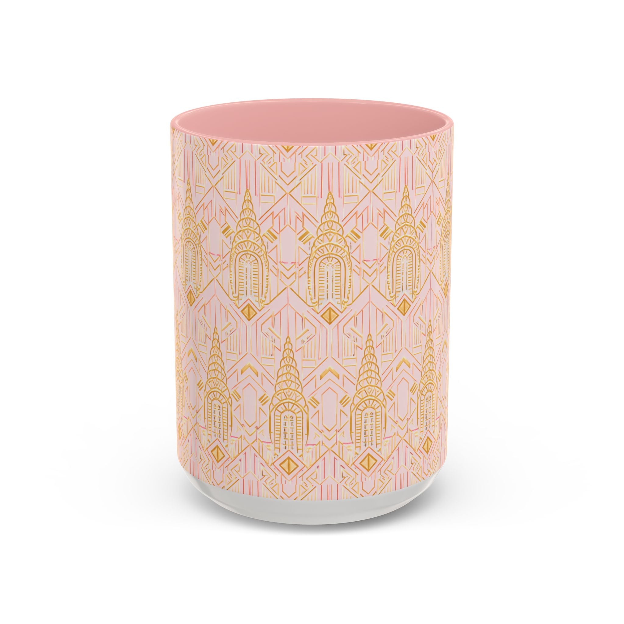 Art Deco Chrysler Building Pink & Gold Accent Coffee Mug — Manhattan Art Deco Pattern Mug 11 oz