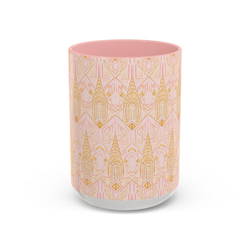 Art Deco Chrysler Building Pink & Gold Accent Coffee Mug — Manhattan Art Deco Pattern Mug 11 oz