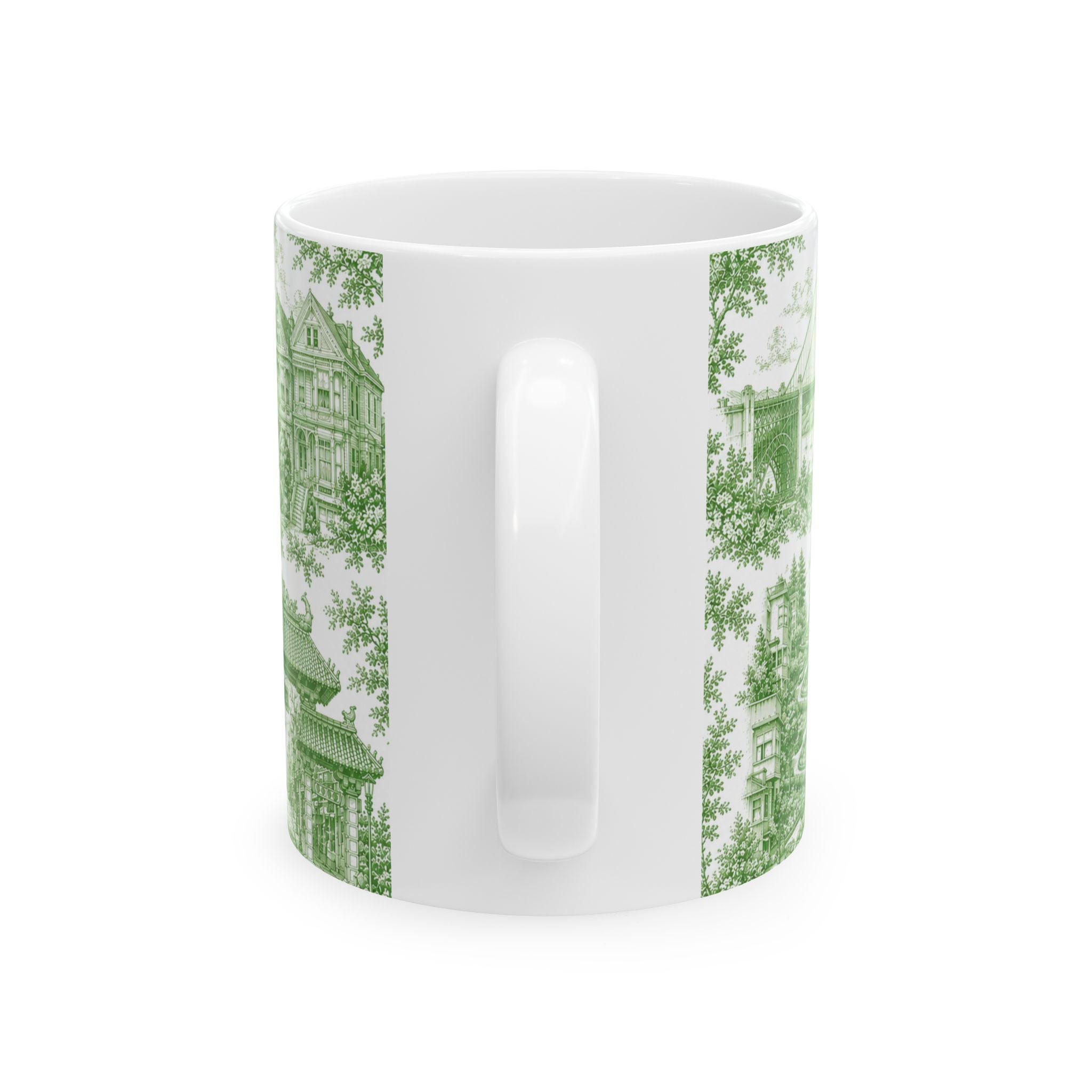 San Francisco Green Toile de Jouy Ceramic Mug — Vintage Cable Car & Palace of Fine Arts Design (11oz)