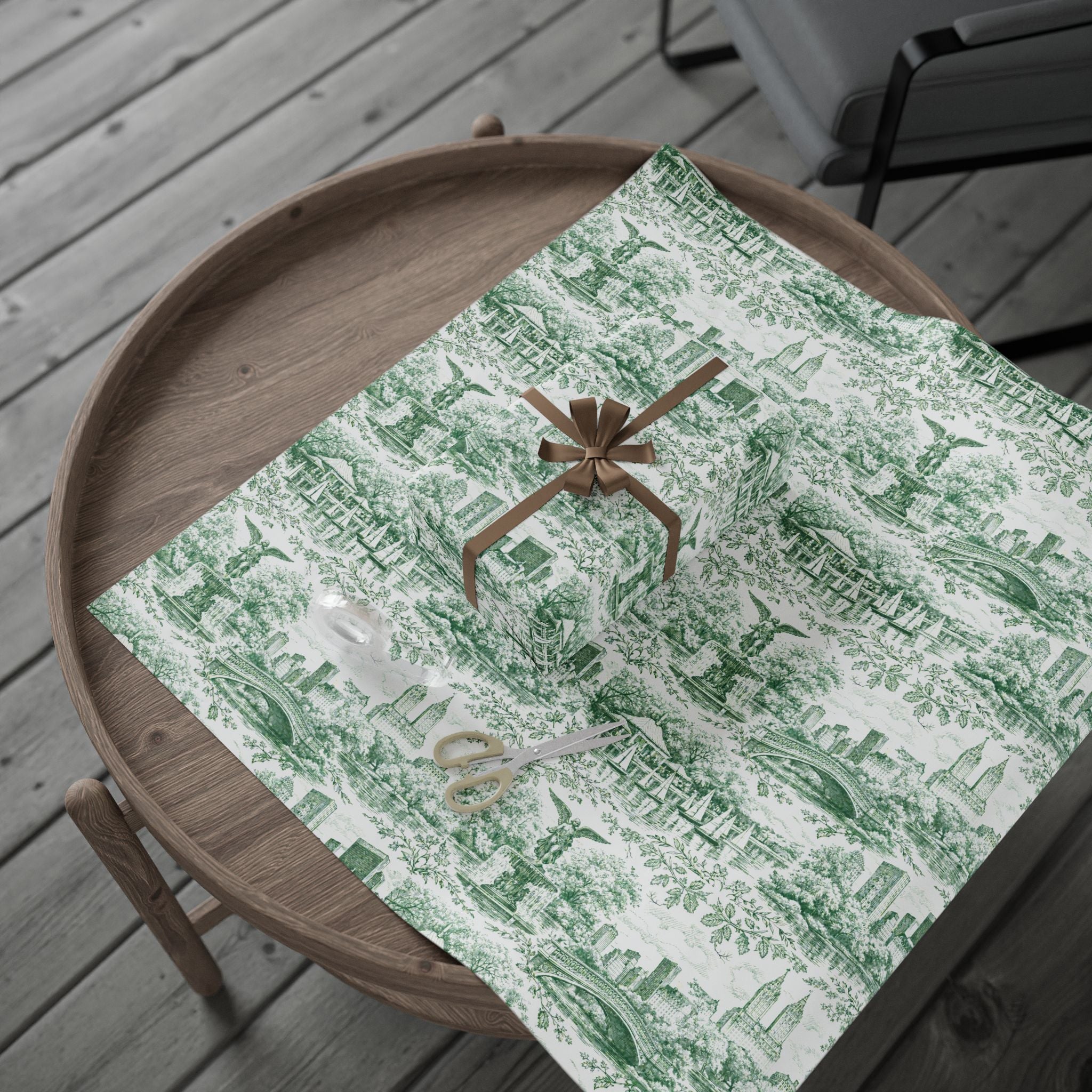 Central Park Green Toile NYC Wrapping Paper | New York City Scenic Toile Pattern Roll