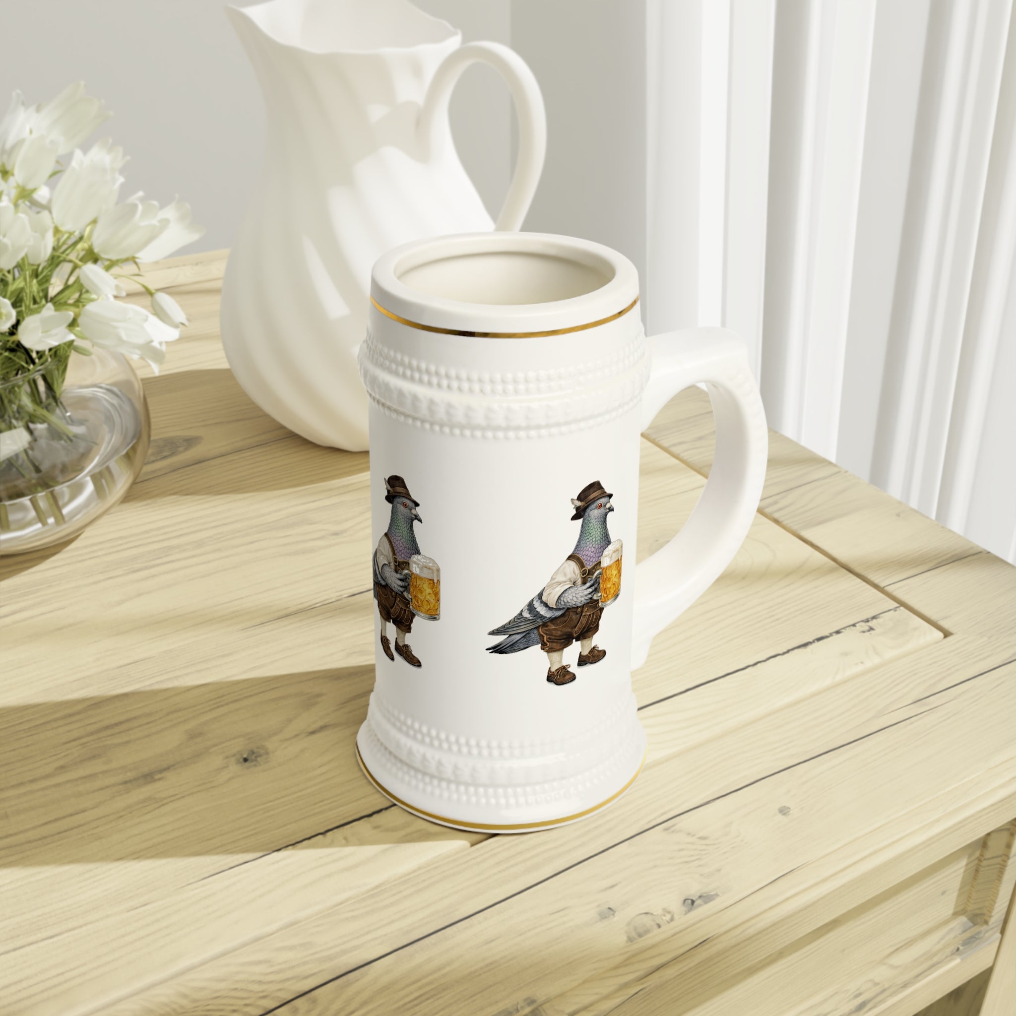 Customizable Yorkville NYC Pigeon Beer Stein | Oktoberfest Bavarian Lederhosen Beergarden Mug