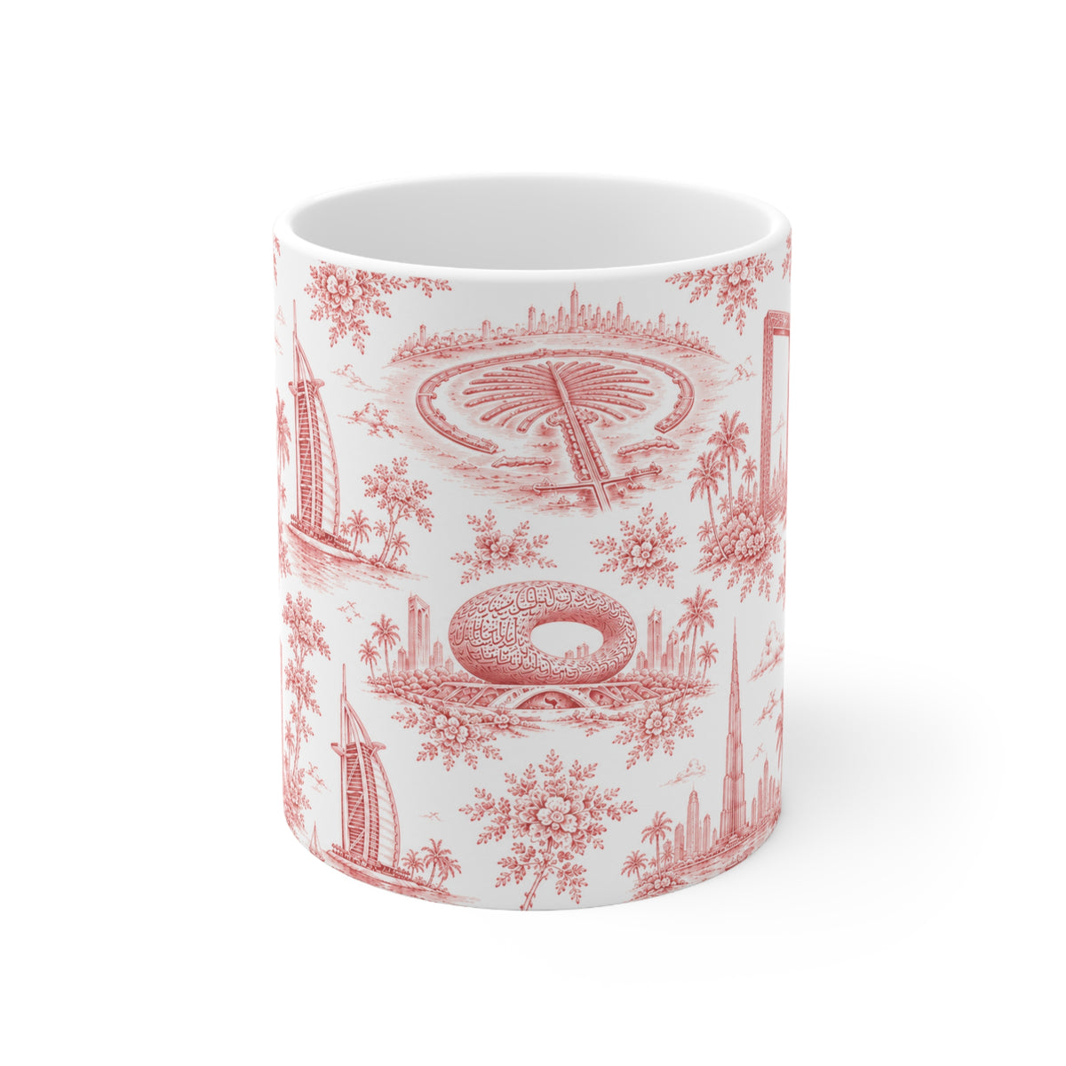 Dubai Red Toile de Jouy Ceramic Mug -  Coffee Cup (11oz; Ships from Europe)