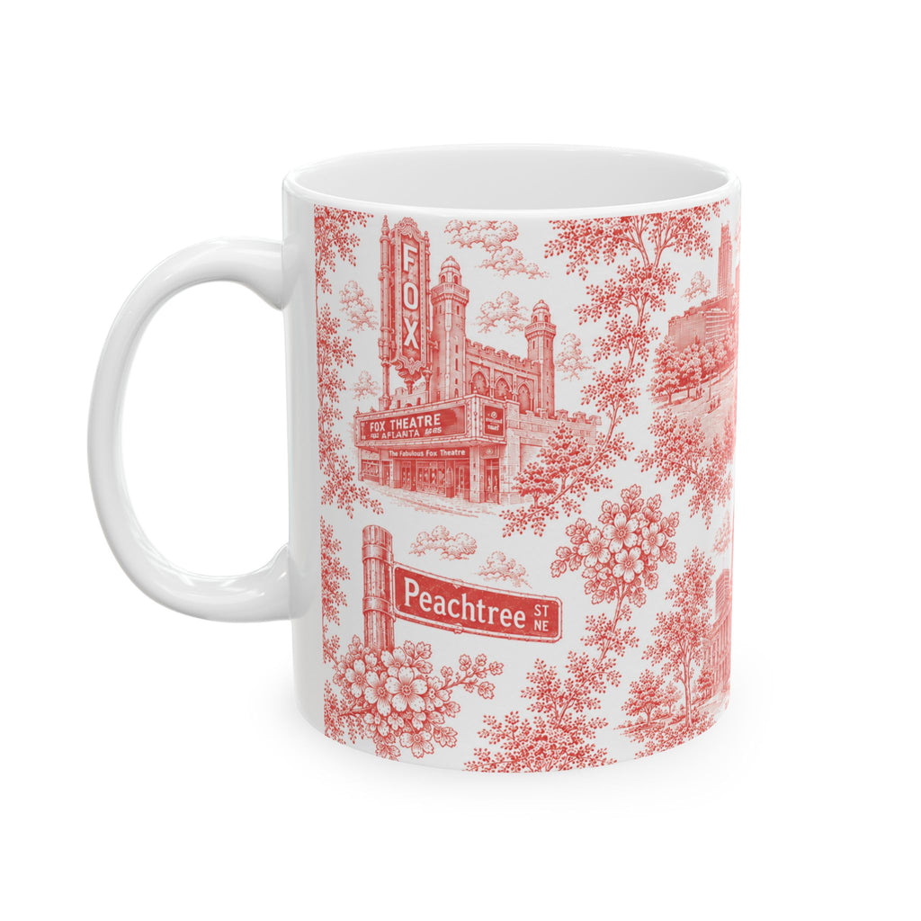 Atlanta Red Toile de Jouy Ceramic Mug — Atlanta, Georgia Skyline & Capitol Illustration (11oz)