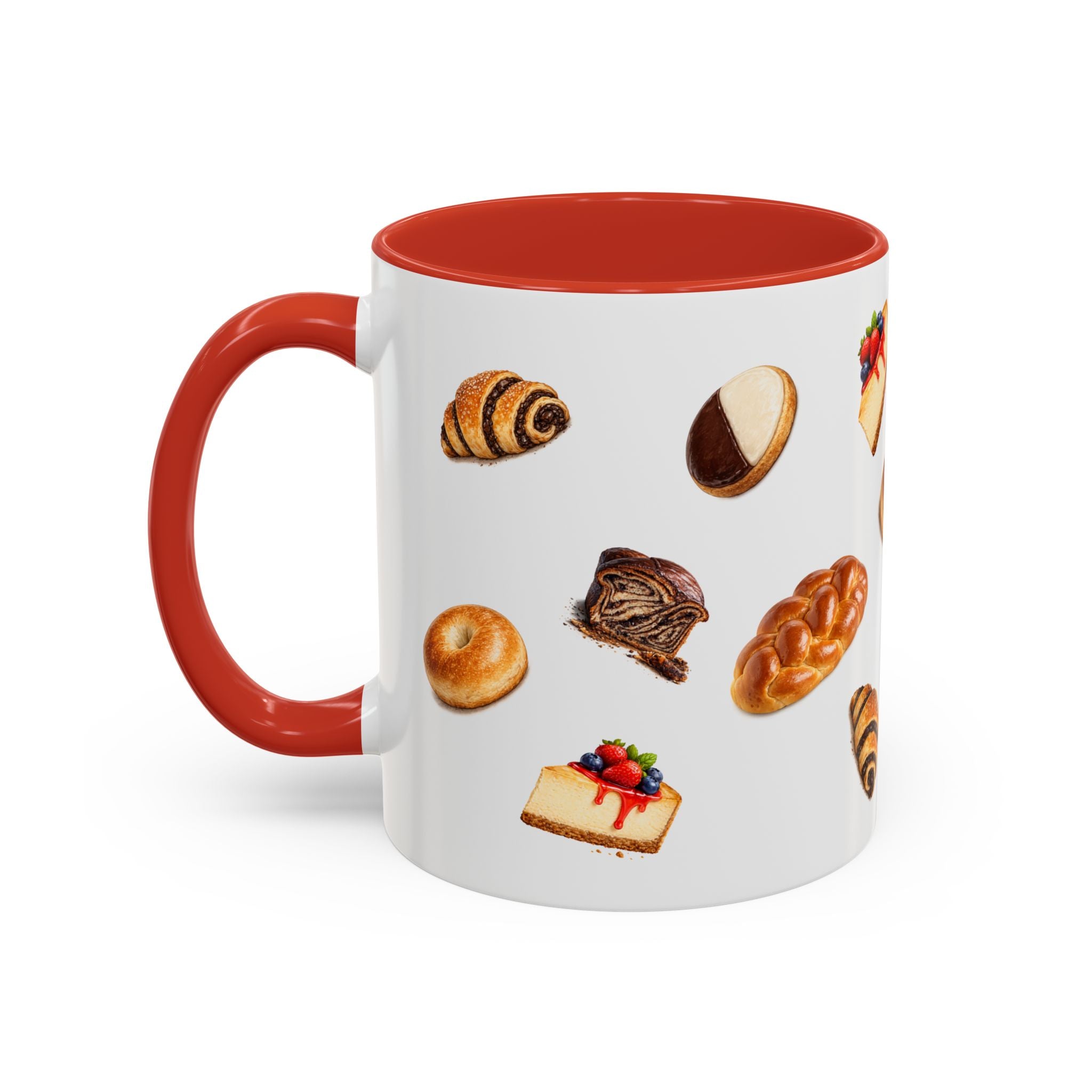 NYC Kosher Bakery Pattern Mug | Babka Cheesecake Rugelach Black + White Cookie Challah Bagel 11oz Ceramic Coffee Cup