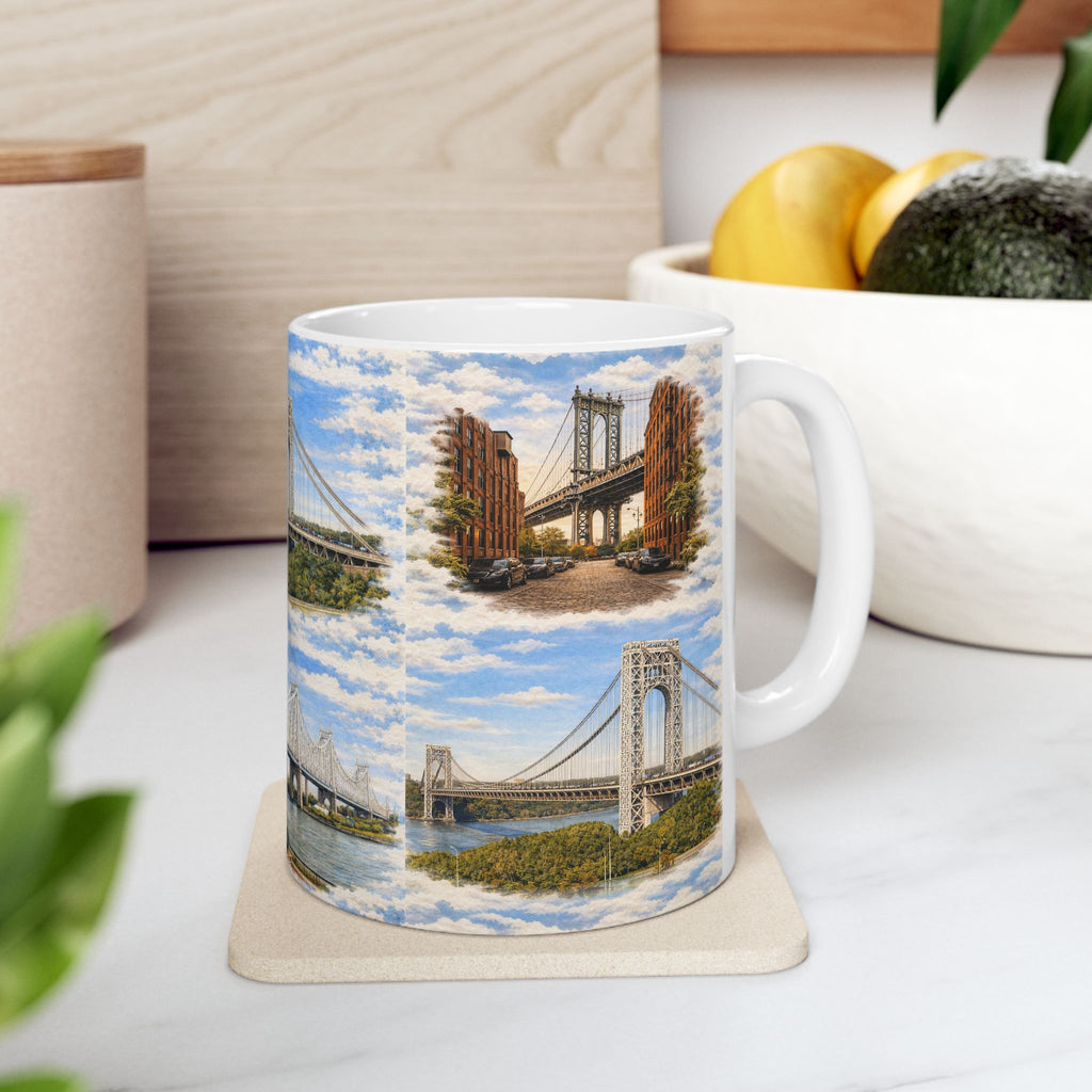The Bridges of New York County Toile Mug | NYC Bridges Ceramic Coffee Mug