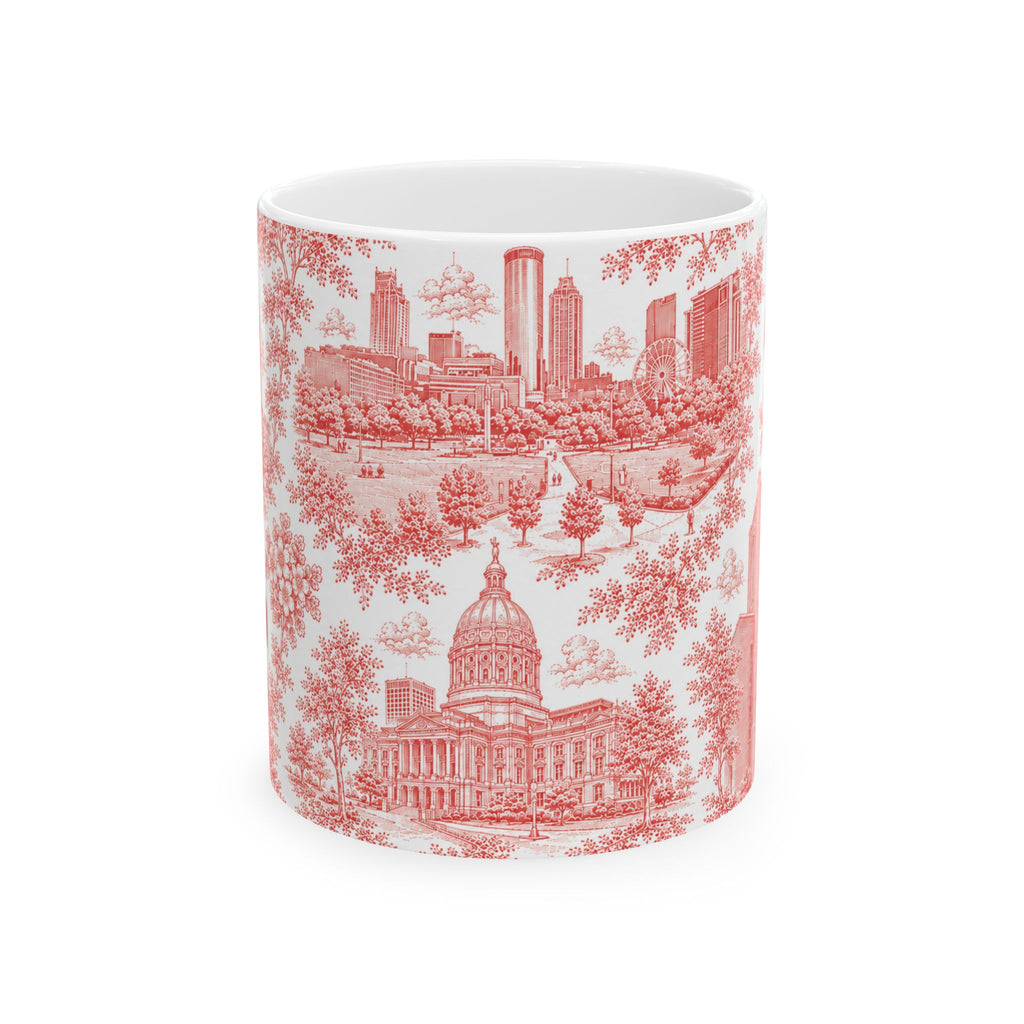 Atlanta Red Toile de Jouy Ceramic Mug — Atlanta, Georgia Skyline & Capitol Illustration (11oz)