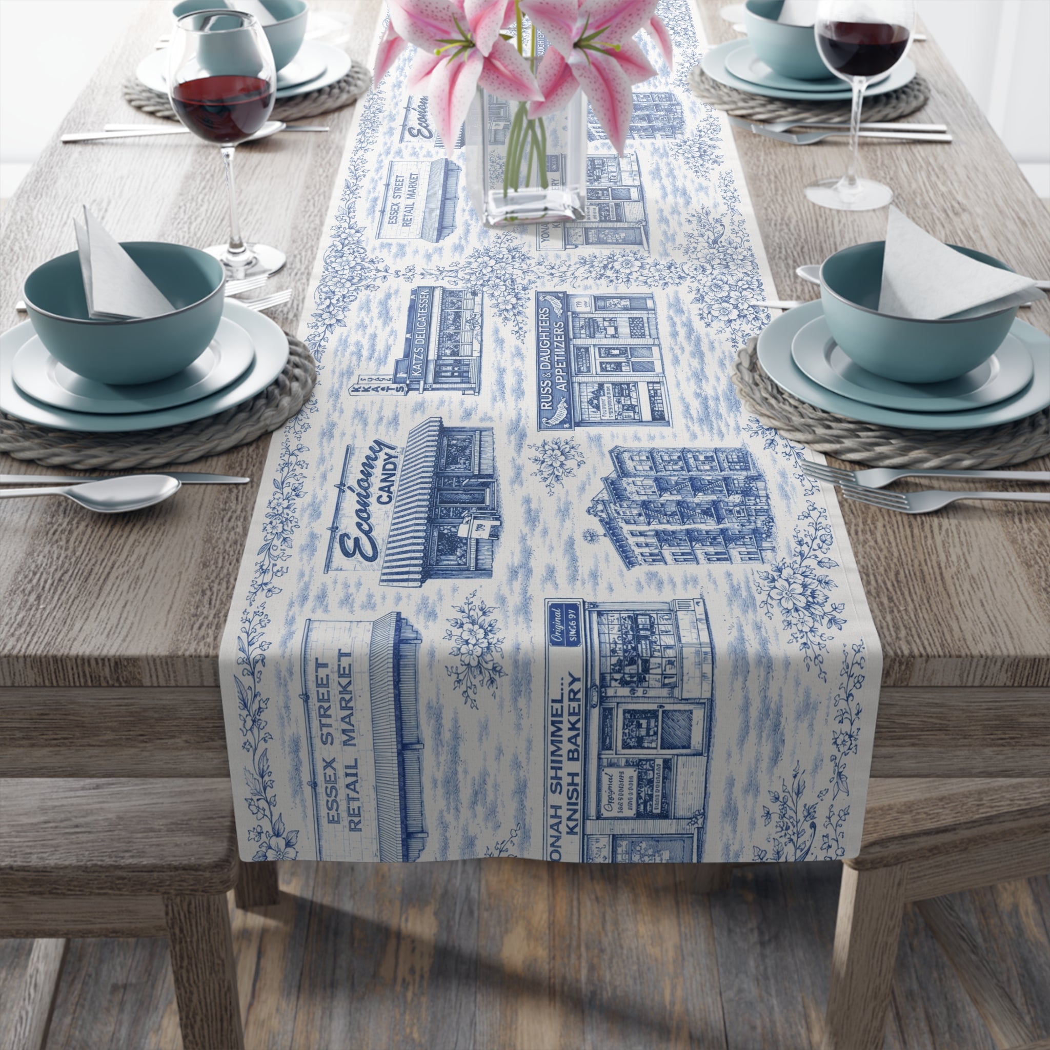 Blue Toile de Jouy Lower East Side Table Runner —  NYC Chinoiserie Dining Table Decor